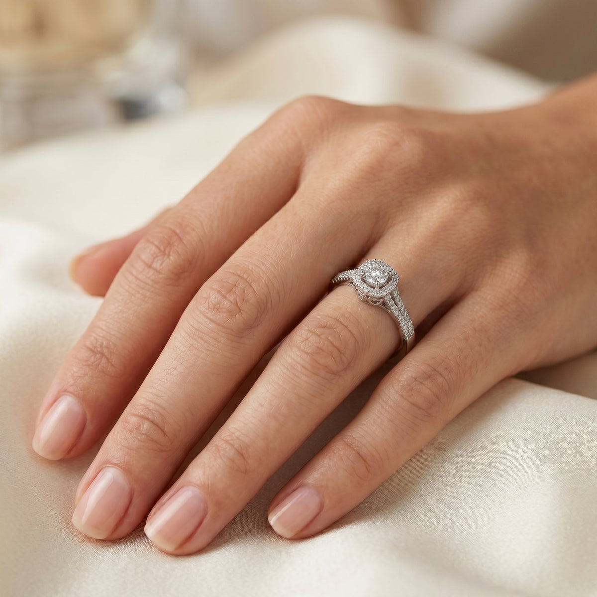 Round Diamond Cluster Halo Engagement Ring with Split Shank Pavé Band