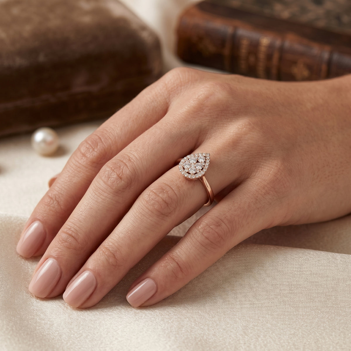 Pear Shaped Diamond Cluster Halo Engagement Ring