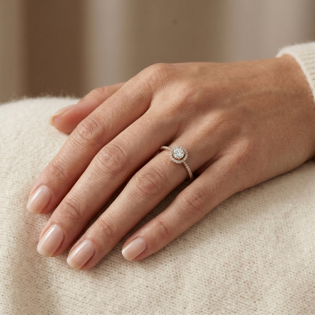 Round Diamond Halo Engagement Ring with Pave Band