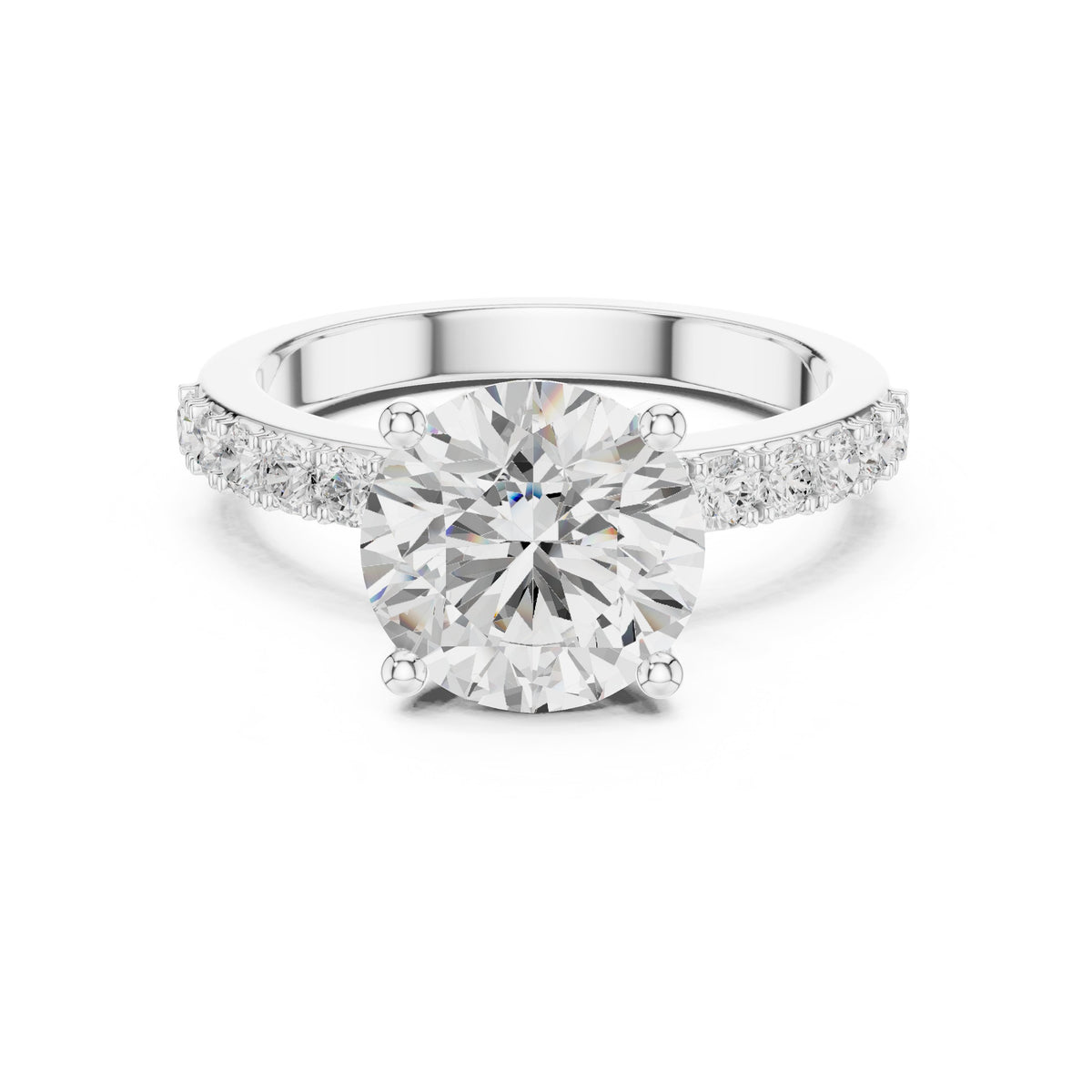 Round Diamond Cathedral Engagement Ring with Pave Band