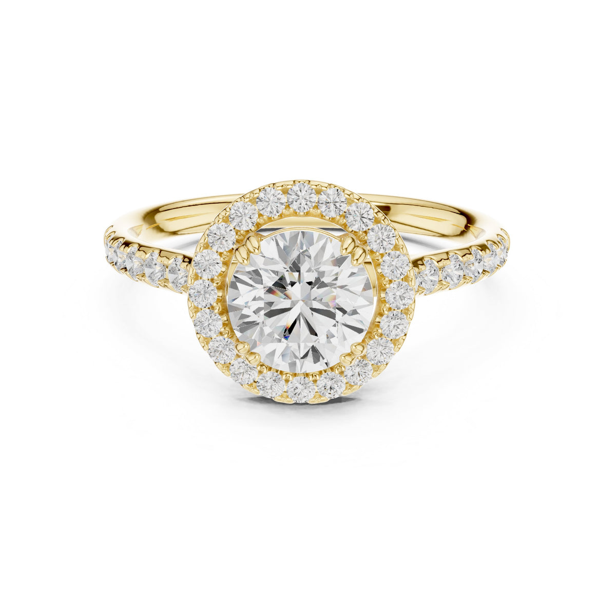 Round Diamond Halo Engagement Ring with Pave Band