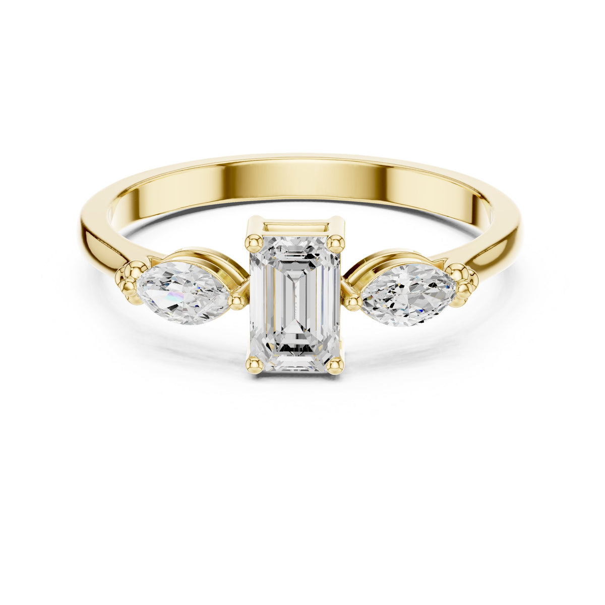 Emerald and Marquise Three Stone Diamond Engagement Ring
