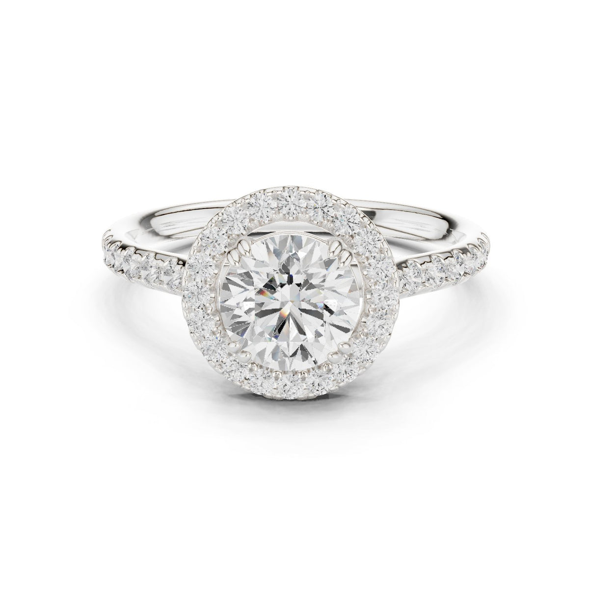 Round Diamond Halo Engagement Ring with Pave Band