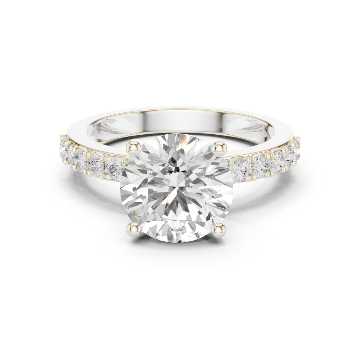 Round Diamond Cathedral Engagement Ring with Pave Band