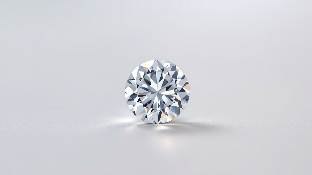 Round brilliant cut diamond on neutral grey background — VYKA Diamonds editorial feature for the free Diamond Quality Checker