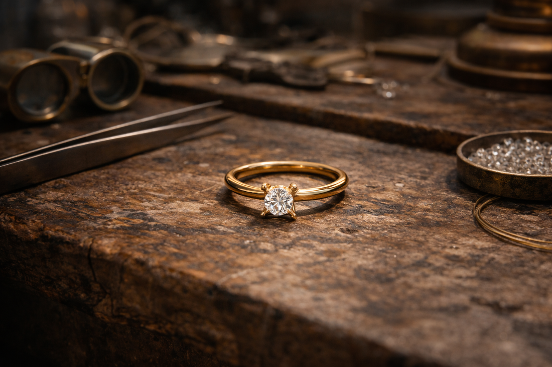 A solitaire diamond engagement ring on a jeweler’s workbench, loose diamonds and tools in warm light