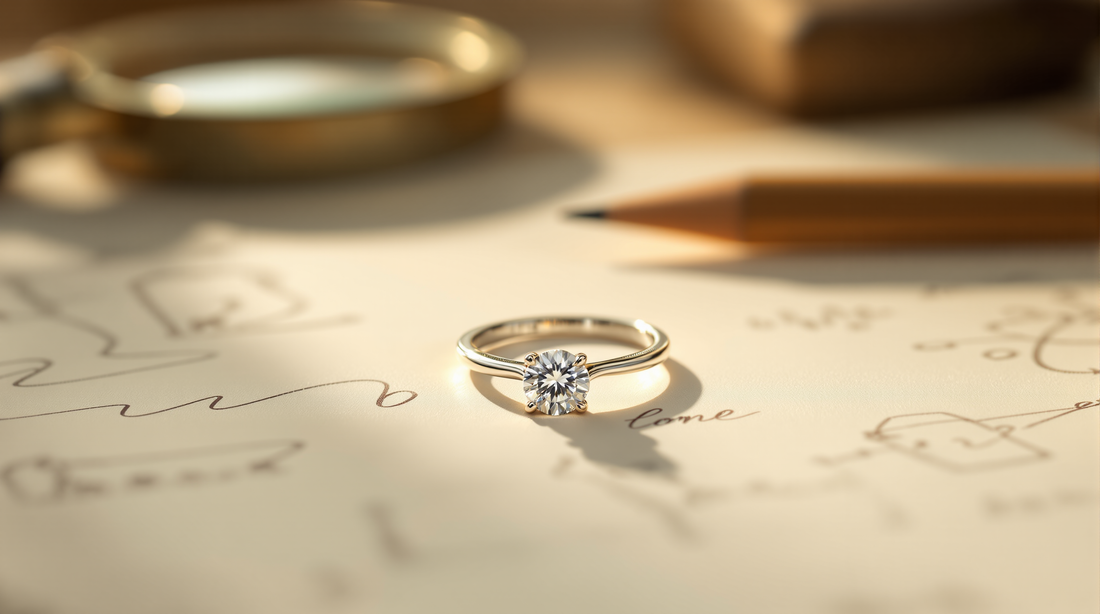 A platinum solitaire diamond engagement ring on hand-drawn jewelry design sketches, warm golden studio light