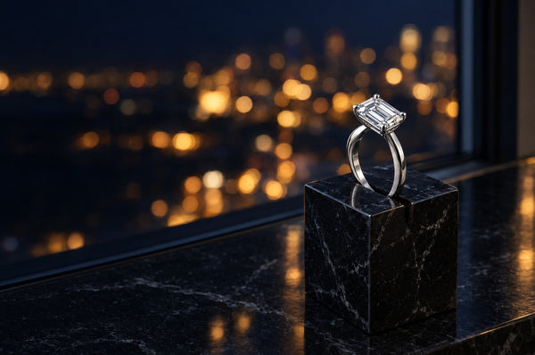 A platinum emerald-cut diamond solitaire held upright in a black marble block by a window, with blurred city lights at night behind
