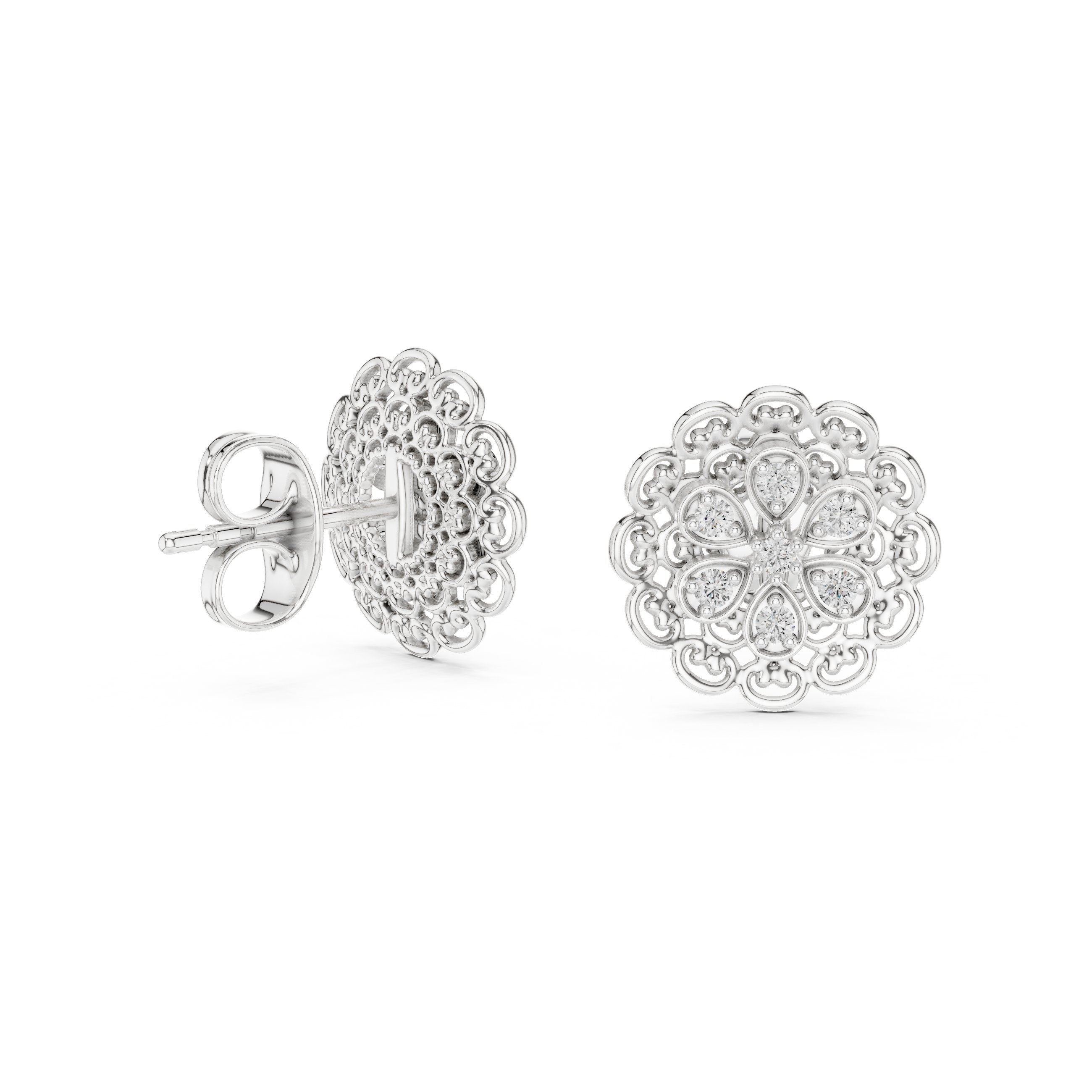 Filigree Dome Diamond Stud Earrings in White Gold - VYKA Diamonds