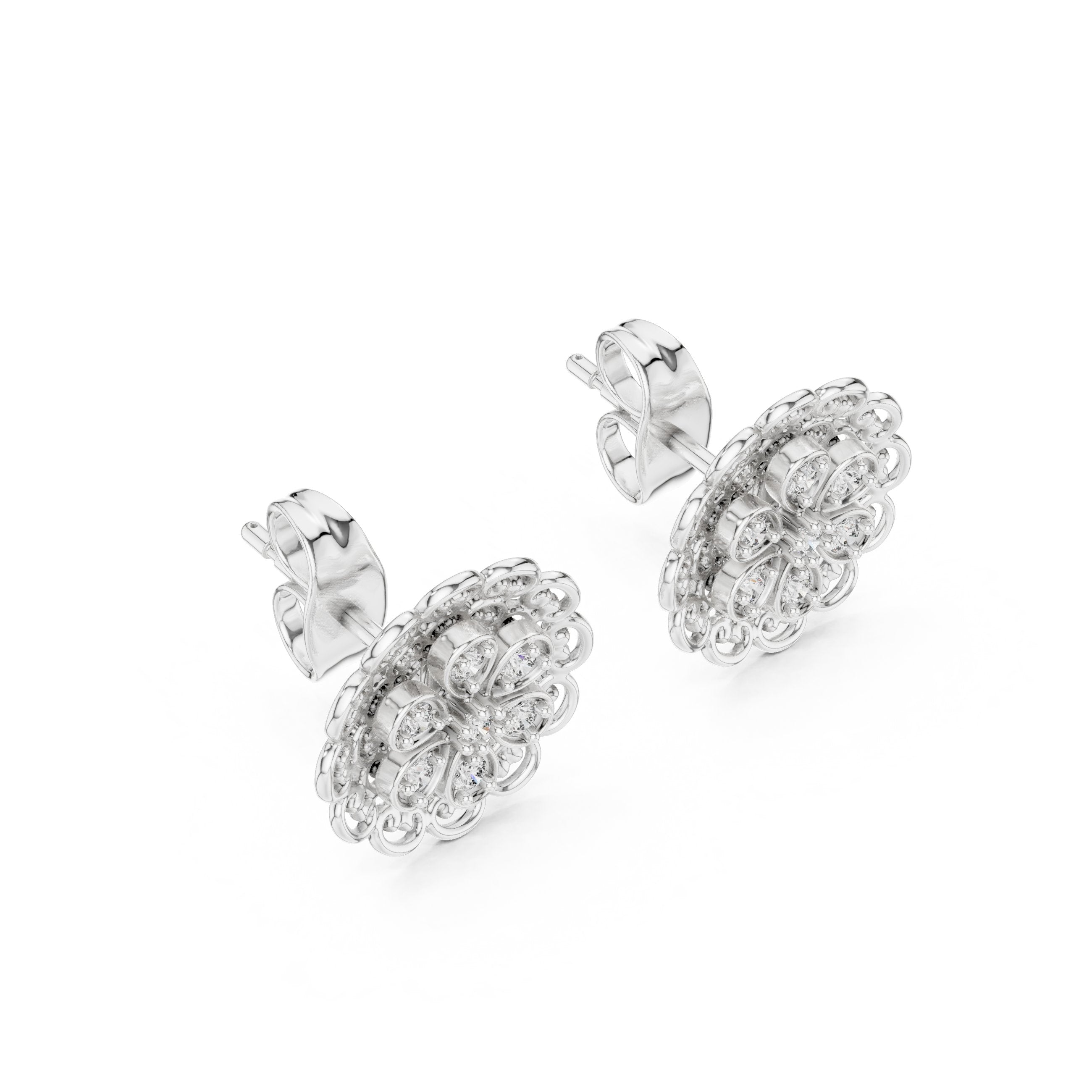 Filigree Dome Diamond Stud Earrings in White Gold - VYKA Diamonds