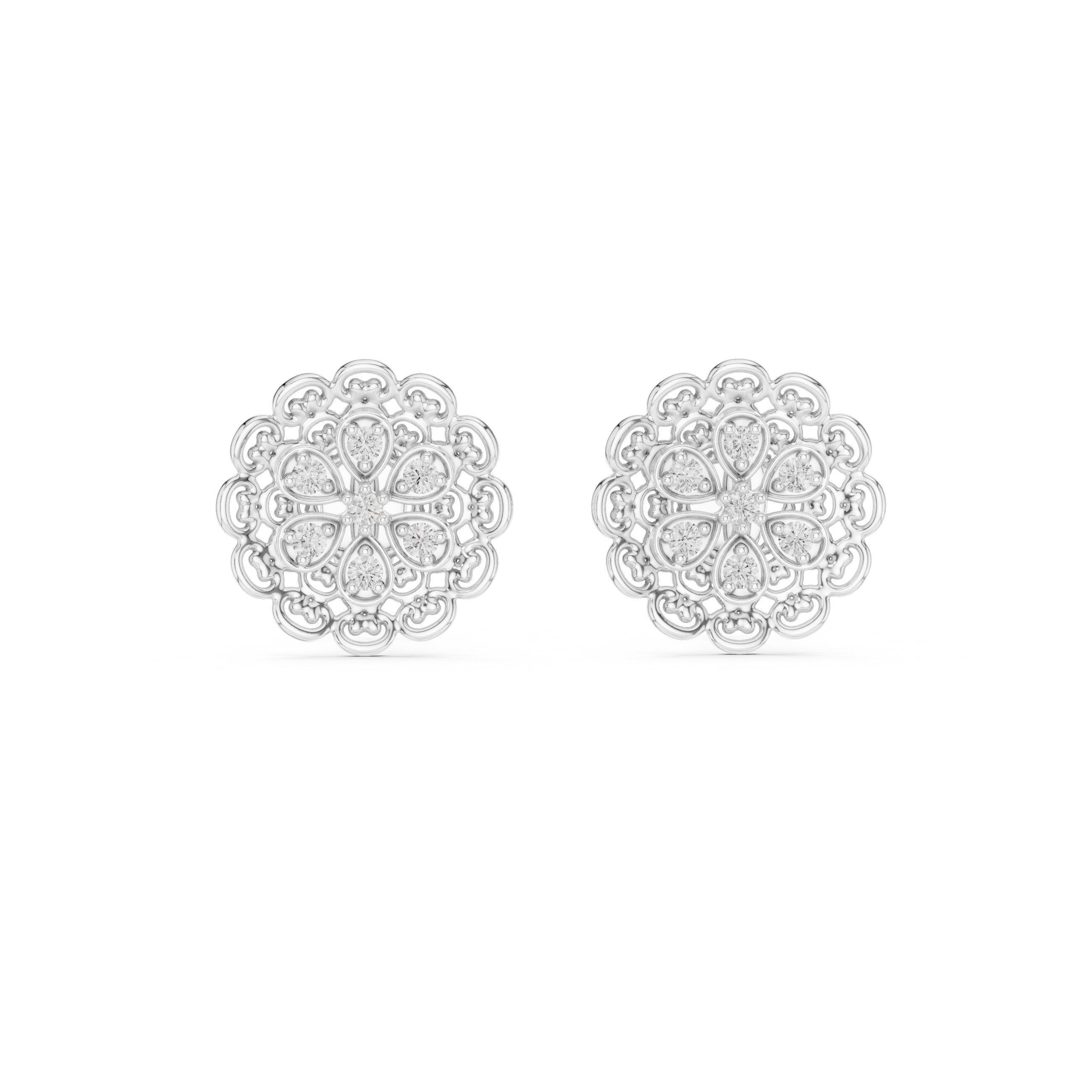 Filigree Dome Diamond Stud Earrings in White Gold - VYKA Diamonds