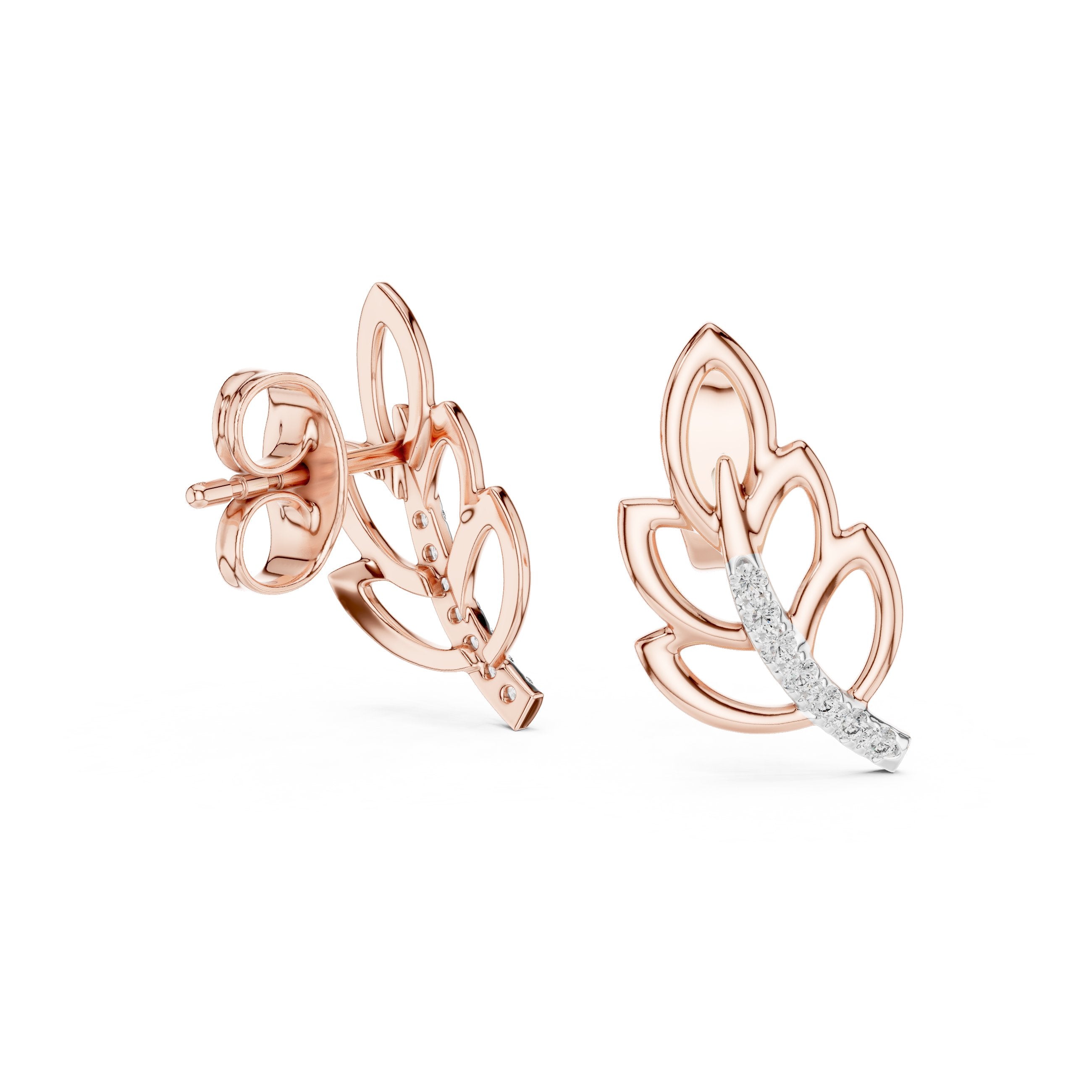 Open Leaf Diamond Stud Earrings in Rose Gold - VYKA Diamonds