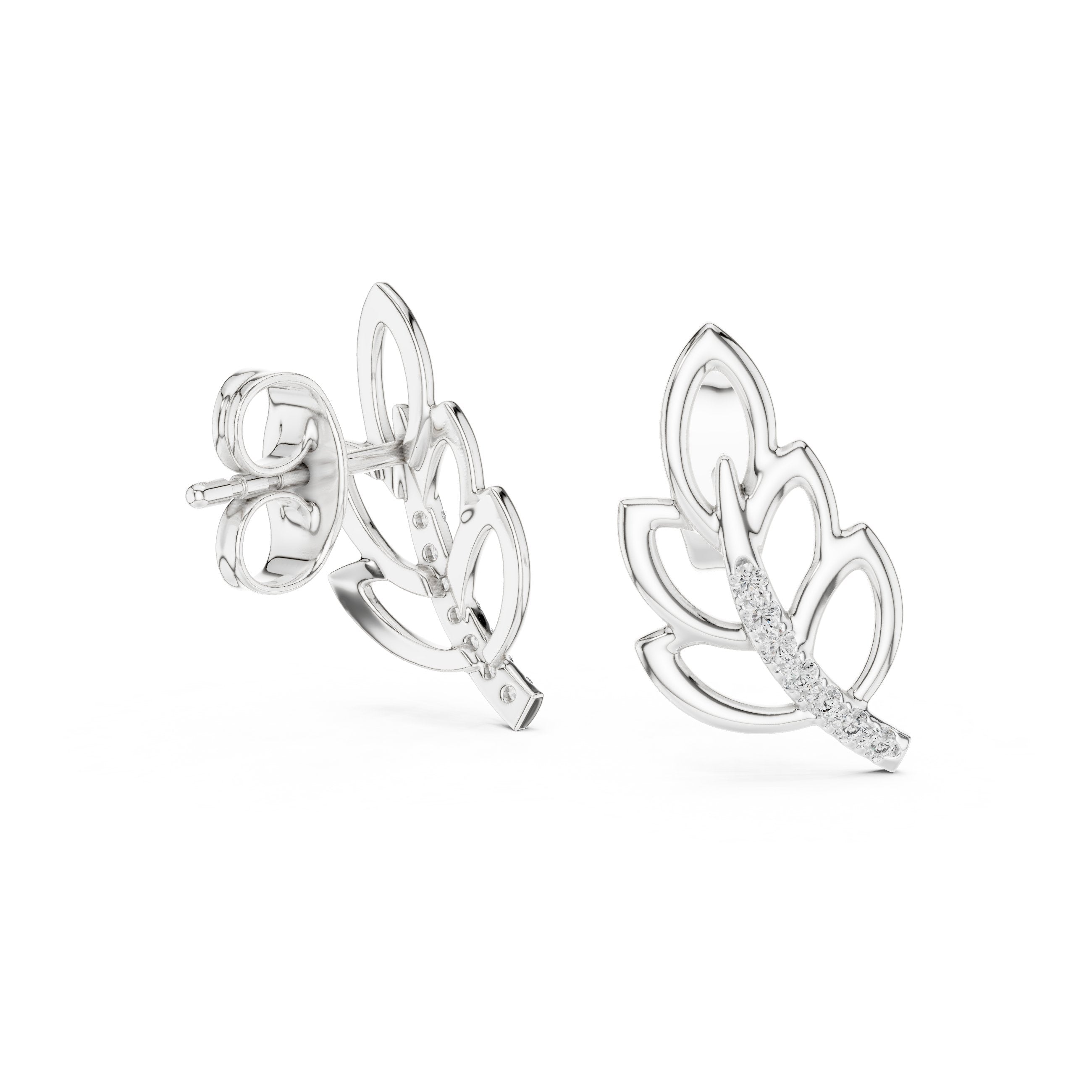 Open Leaf Diamond Stud Earrings in White Gold - VYKA Diamonds