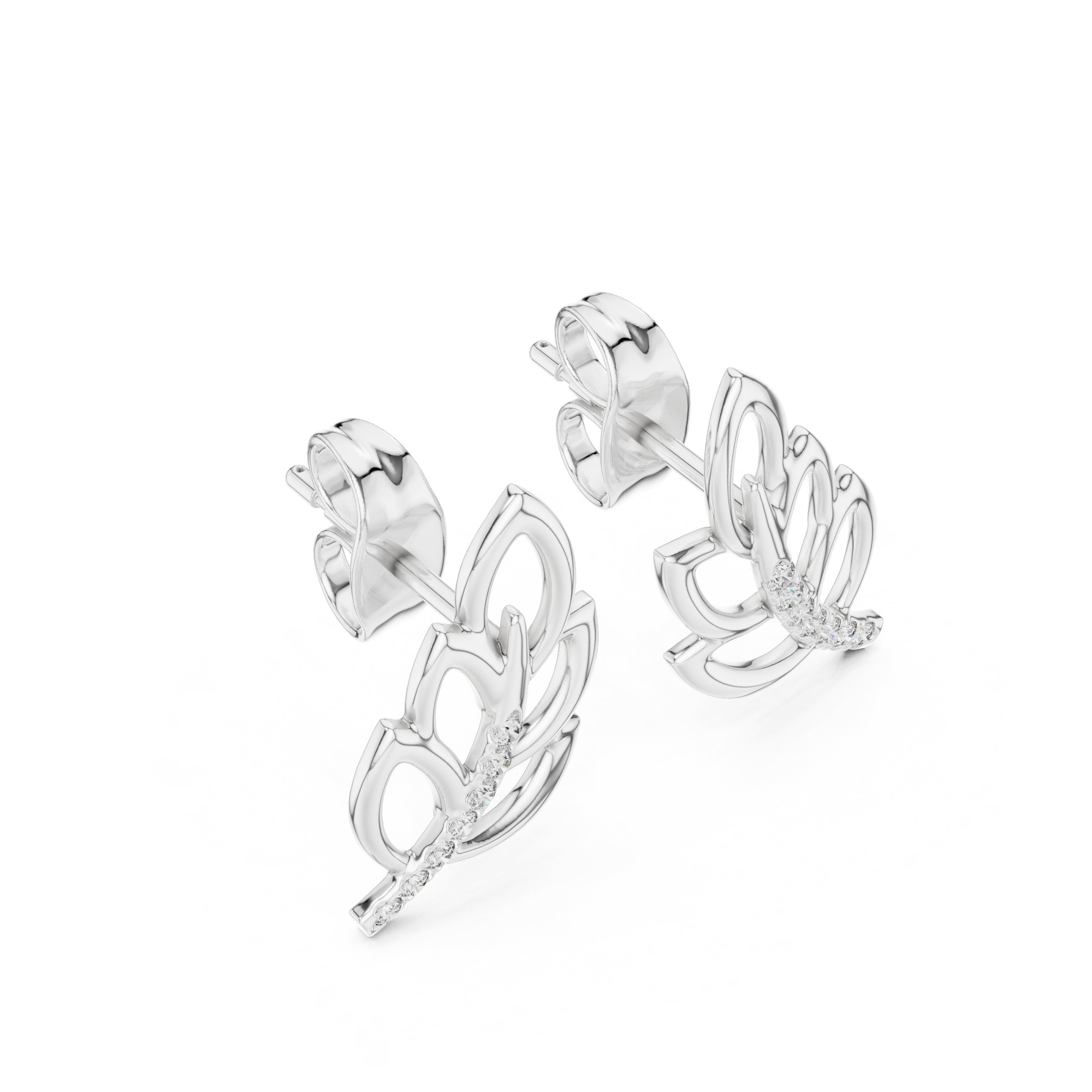 Open Leaf Diamond Stud Earrings in White Gold - VYKA Diamonds