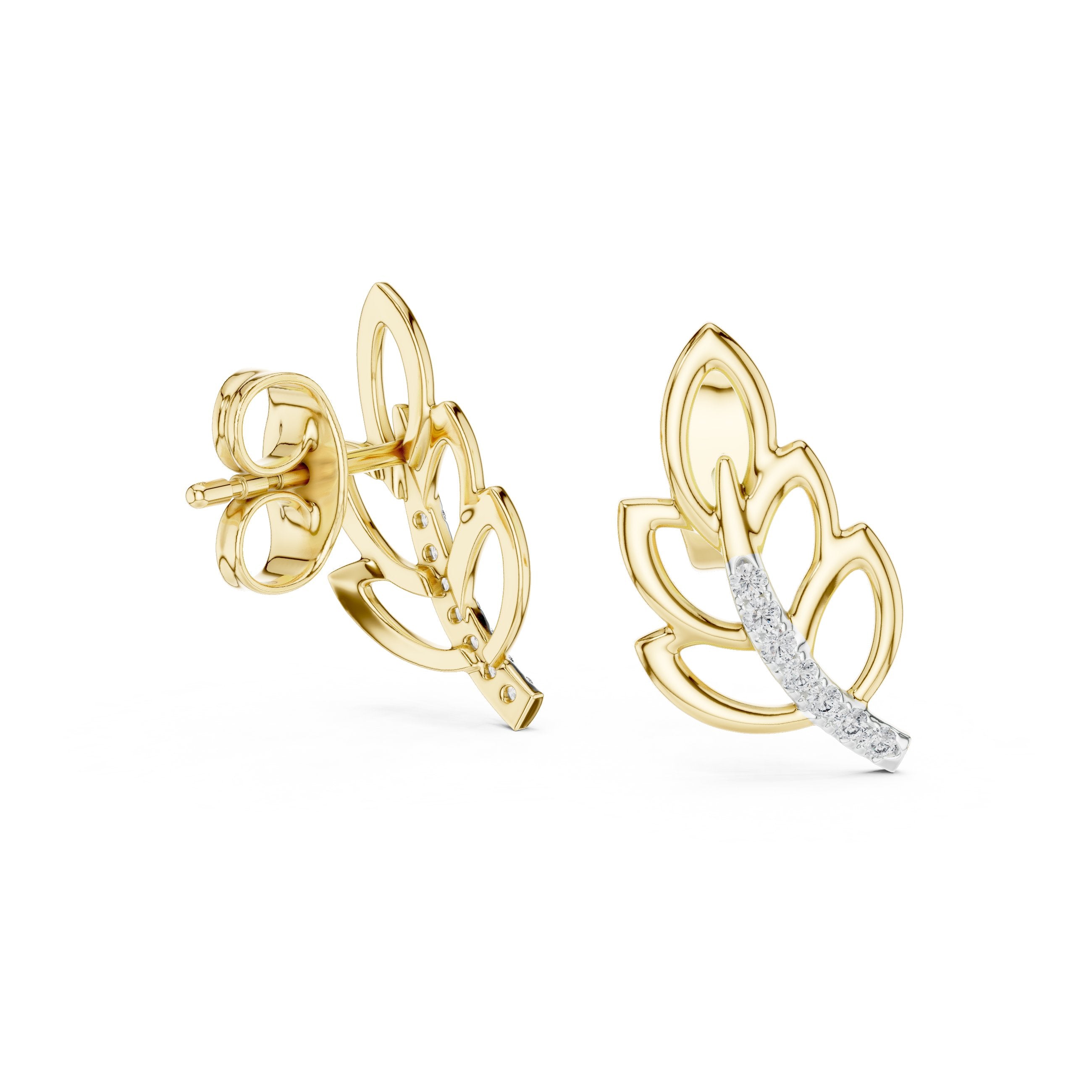 Open Leaf Diamond Stud Earrings in Yellow Gold - VYKA Diamonds