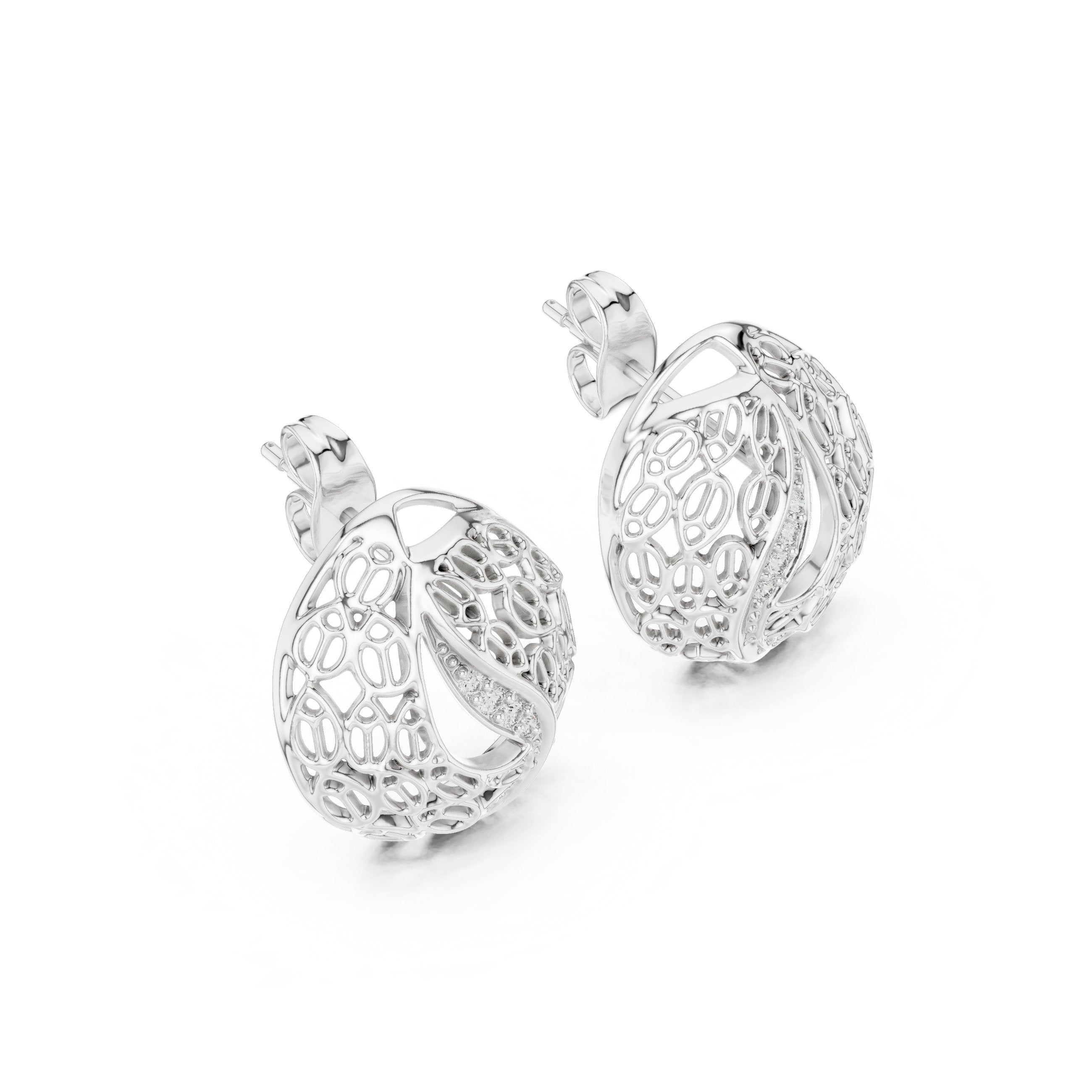 Mosaic Dome Diamond Stud Earrings in White Gold - VYKA Diamonds