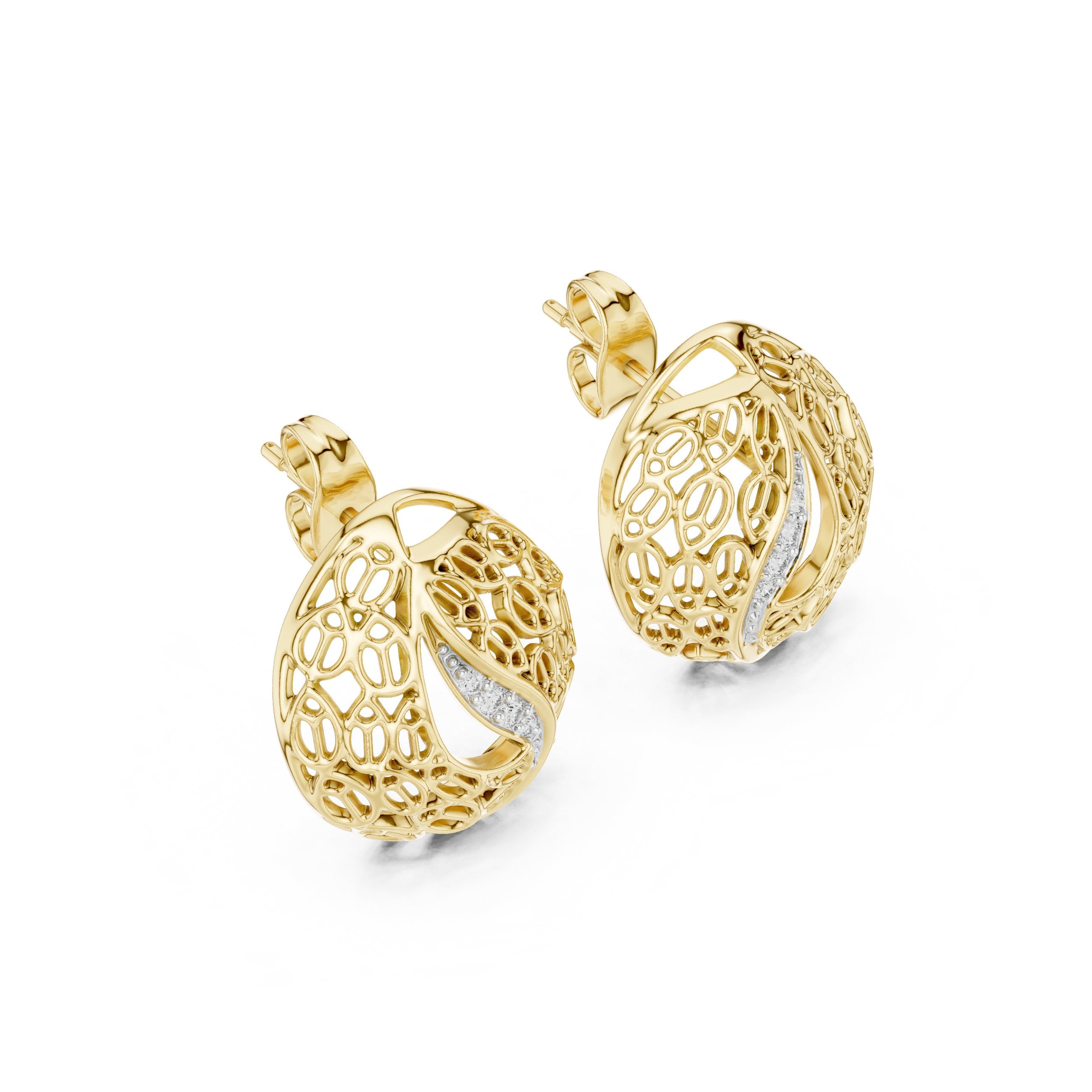 Mosaic Dome Diamond Stud Earrings in Yellow Gold - VYKA Diamonds
