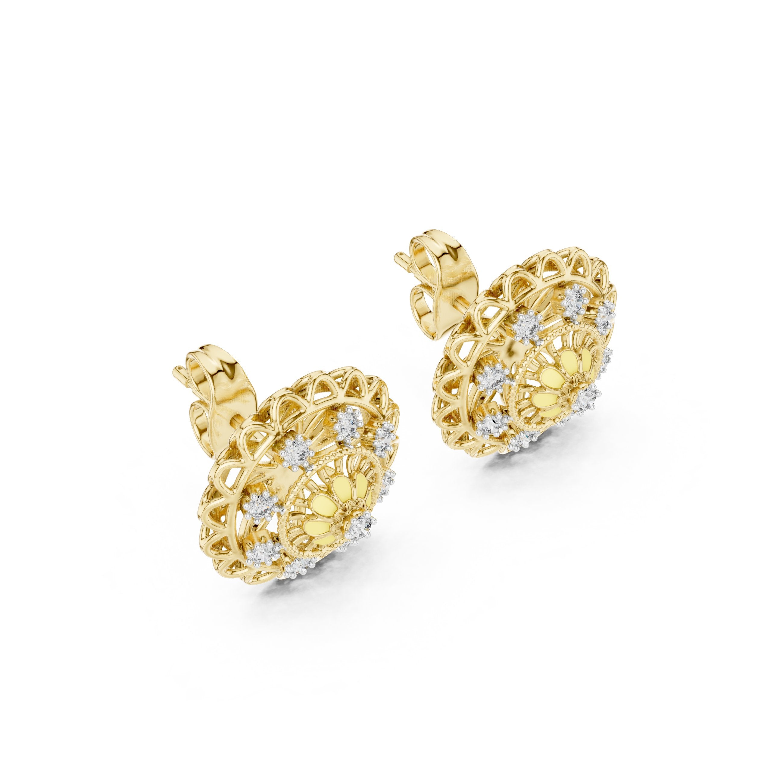 Garden Lattice Diamond Stud Earrings in Yellow Gold - VYKA Diamonds