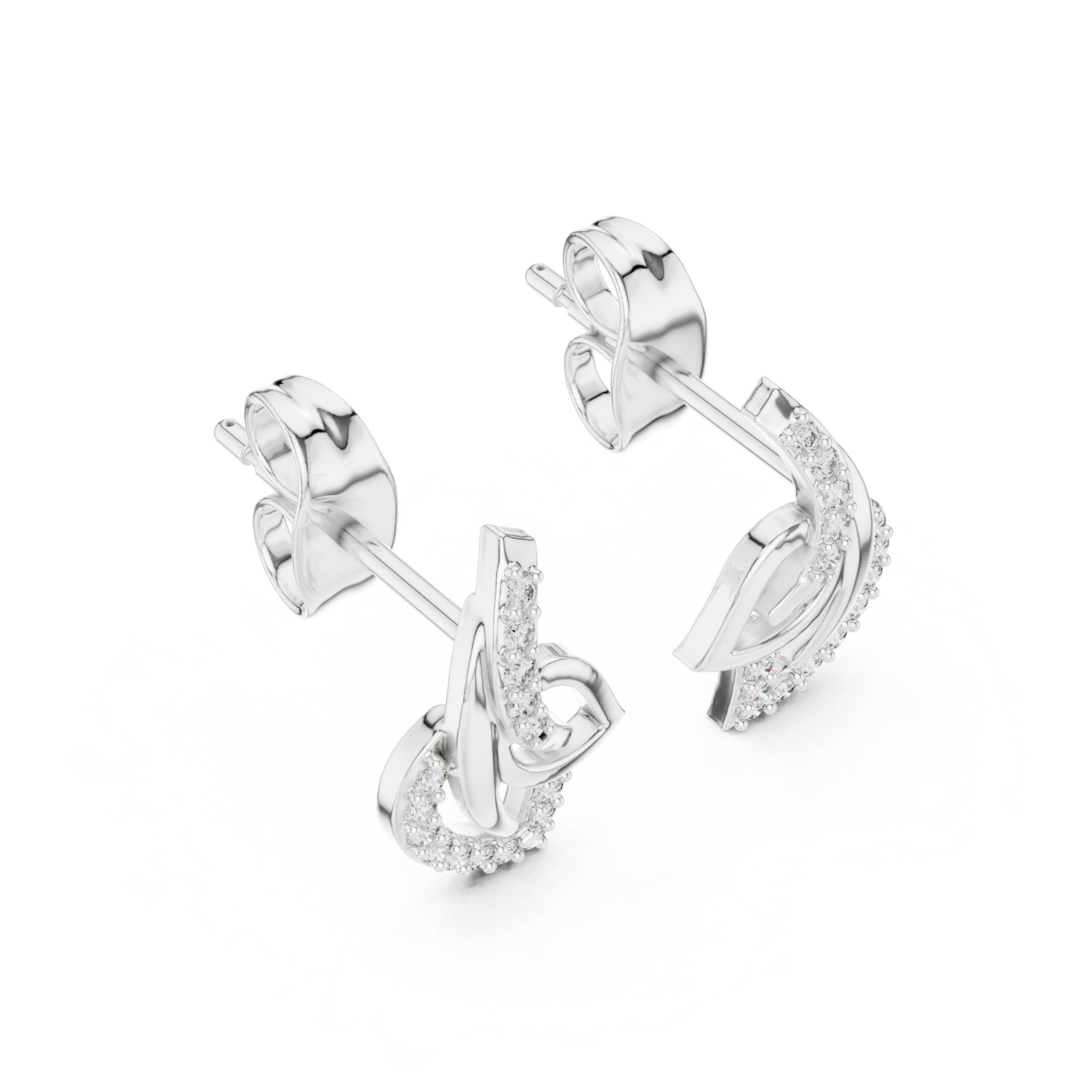 Pave Heart Diamond Stud Earrings in White Gold - VYKA Diamonds