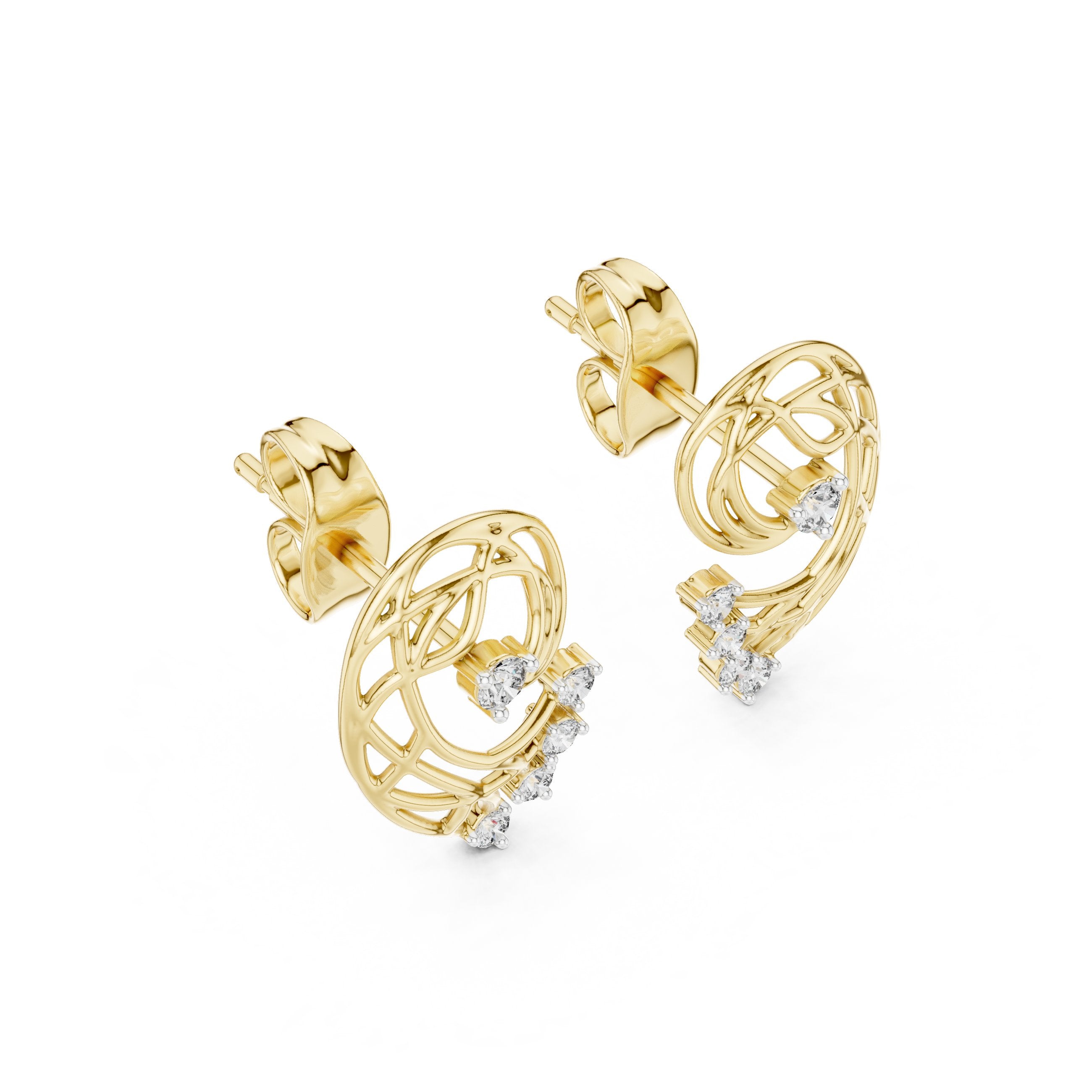 Woven Paisley Diamond Stud Earrings in Yellow Gold - VYKA Diamonds