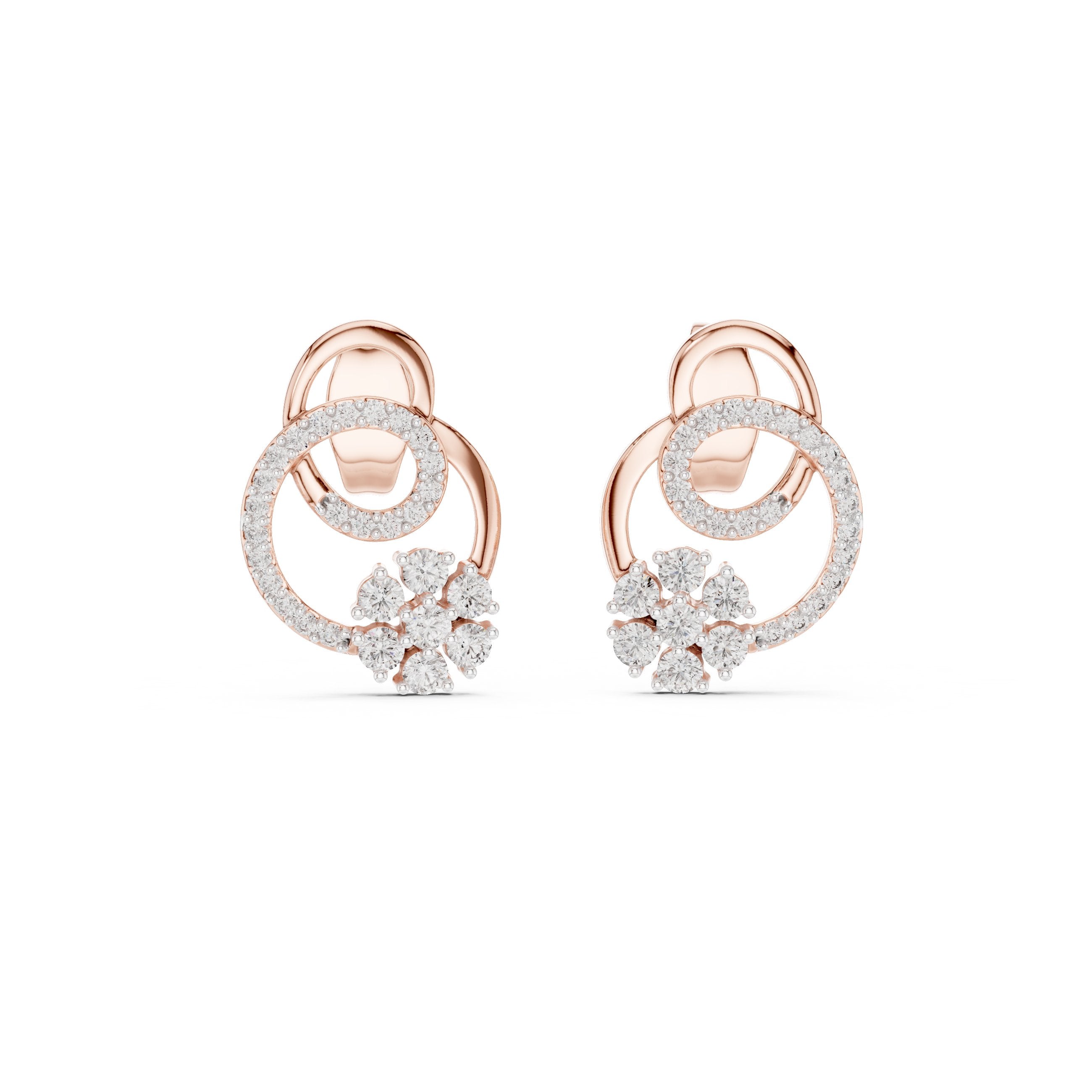 Circle Floral Diamond Stud Earrings in Rose Gold - VYKA Diamonds
