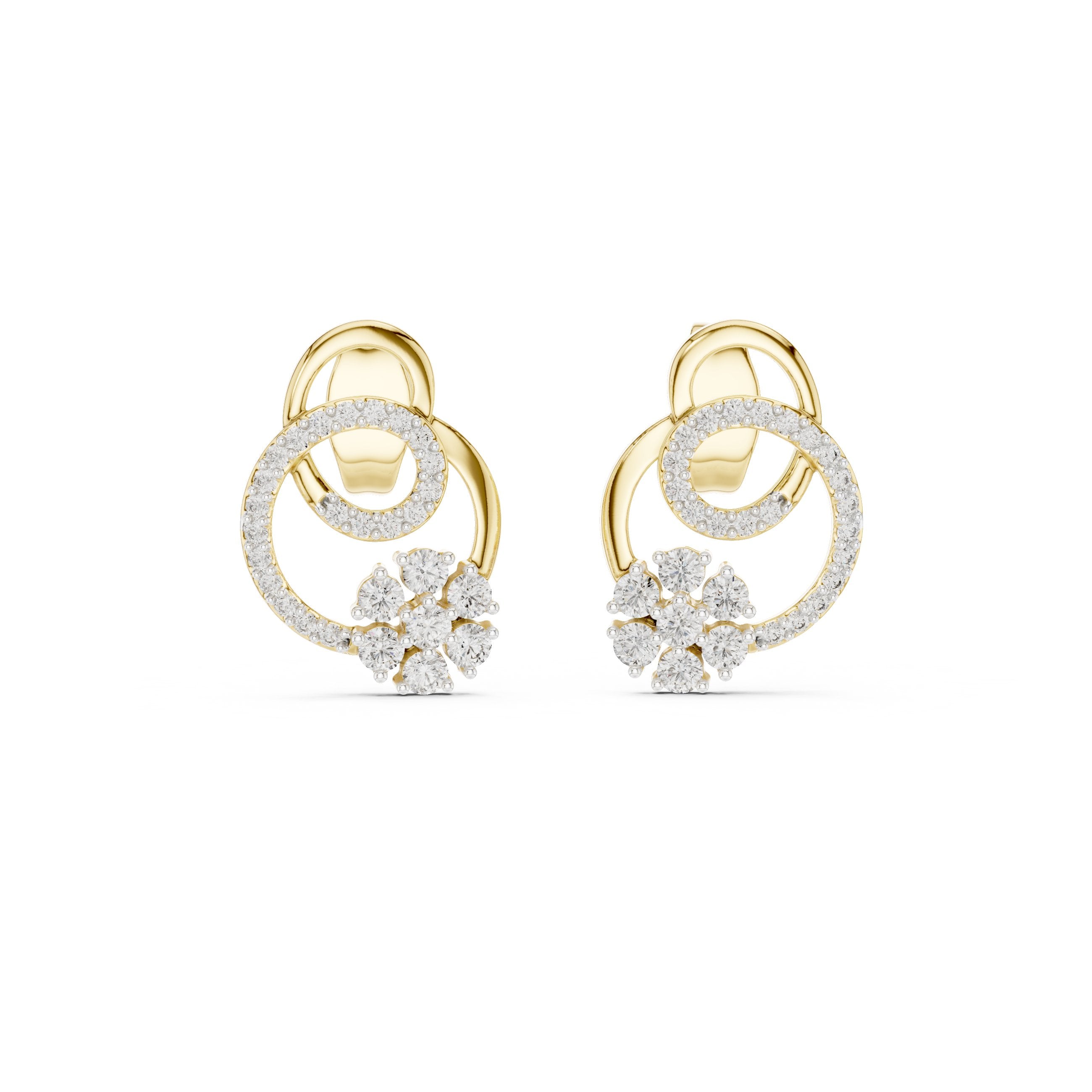 Circle Floral Diamond Stud Earrings in Yellow Gold - VYKA Diamonds