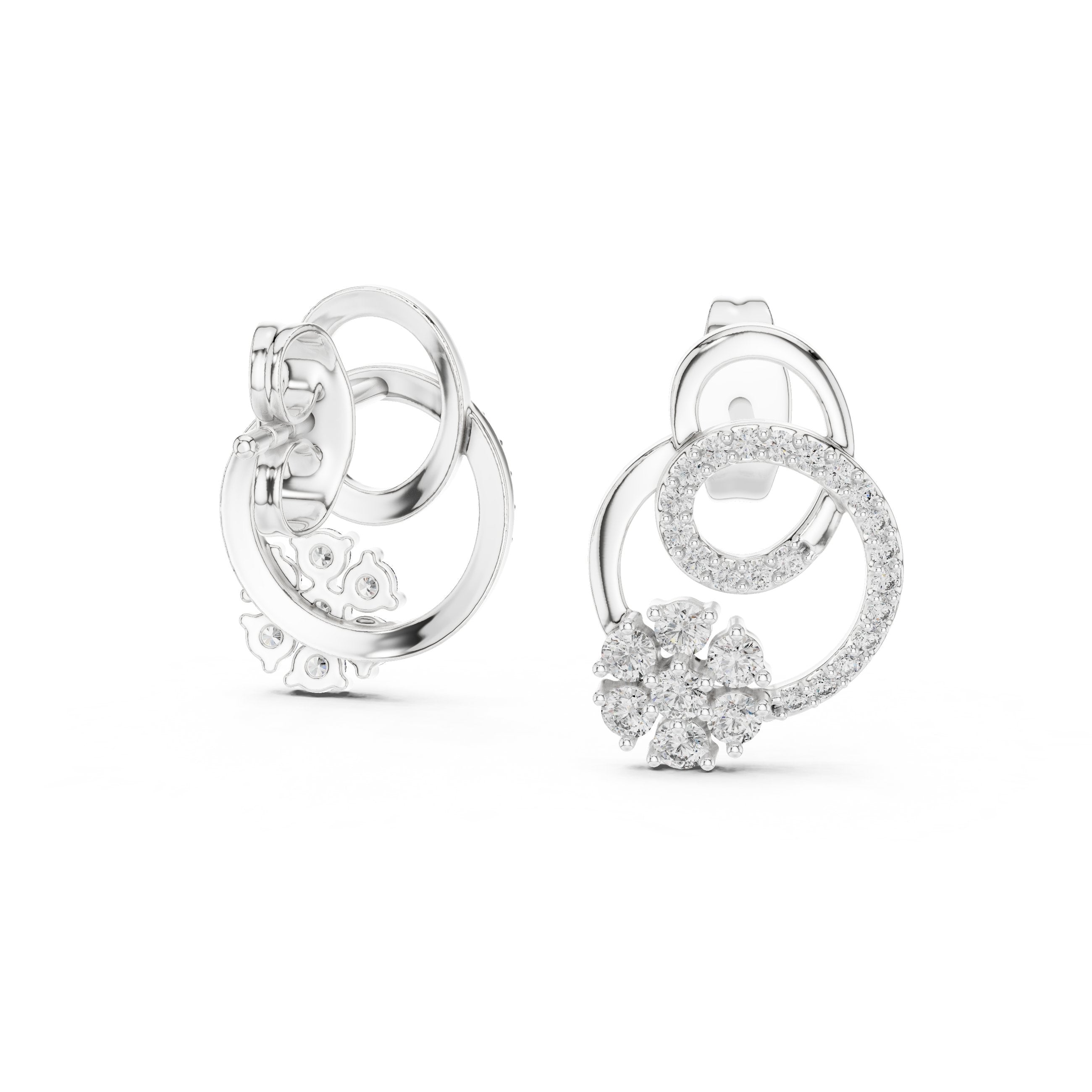 Circle Floral Diamond Stud Earrings in White Gold - VYKA Diamonds