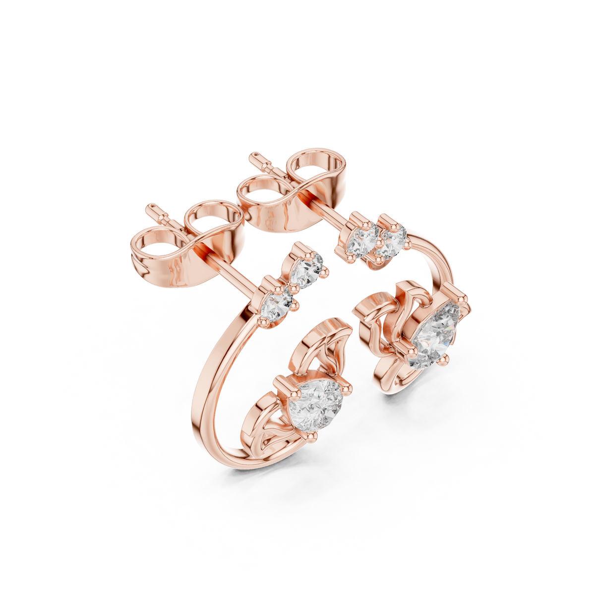 Pear Lotus Scroll Diamond Stud Earrings in Rose Gold - VYKA Diamonds