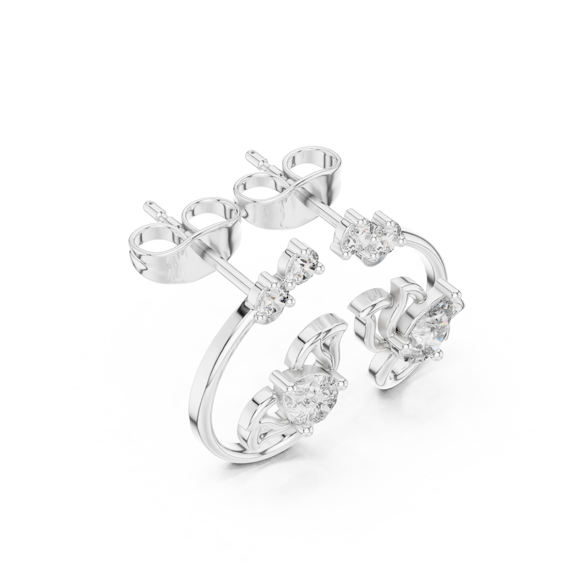 Pear Lotus Scroll Diamond Stud Earrings in White Gold - VYKA Diamonds