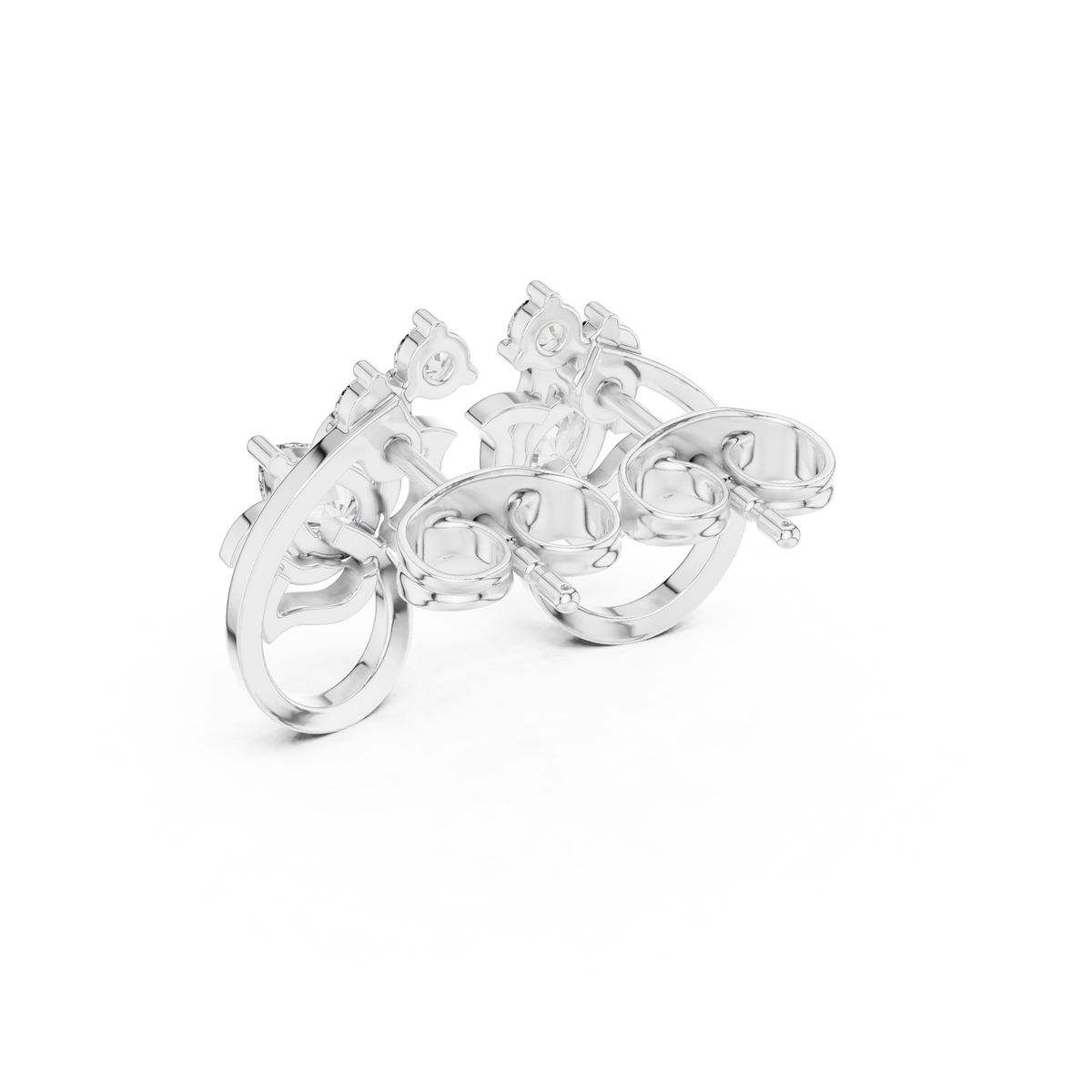 Pear Lotus Scroll Diamond Stud Earrings in White Gold - VYKA Diamonds