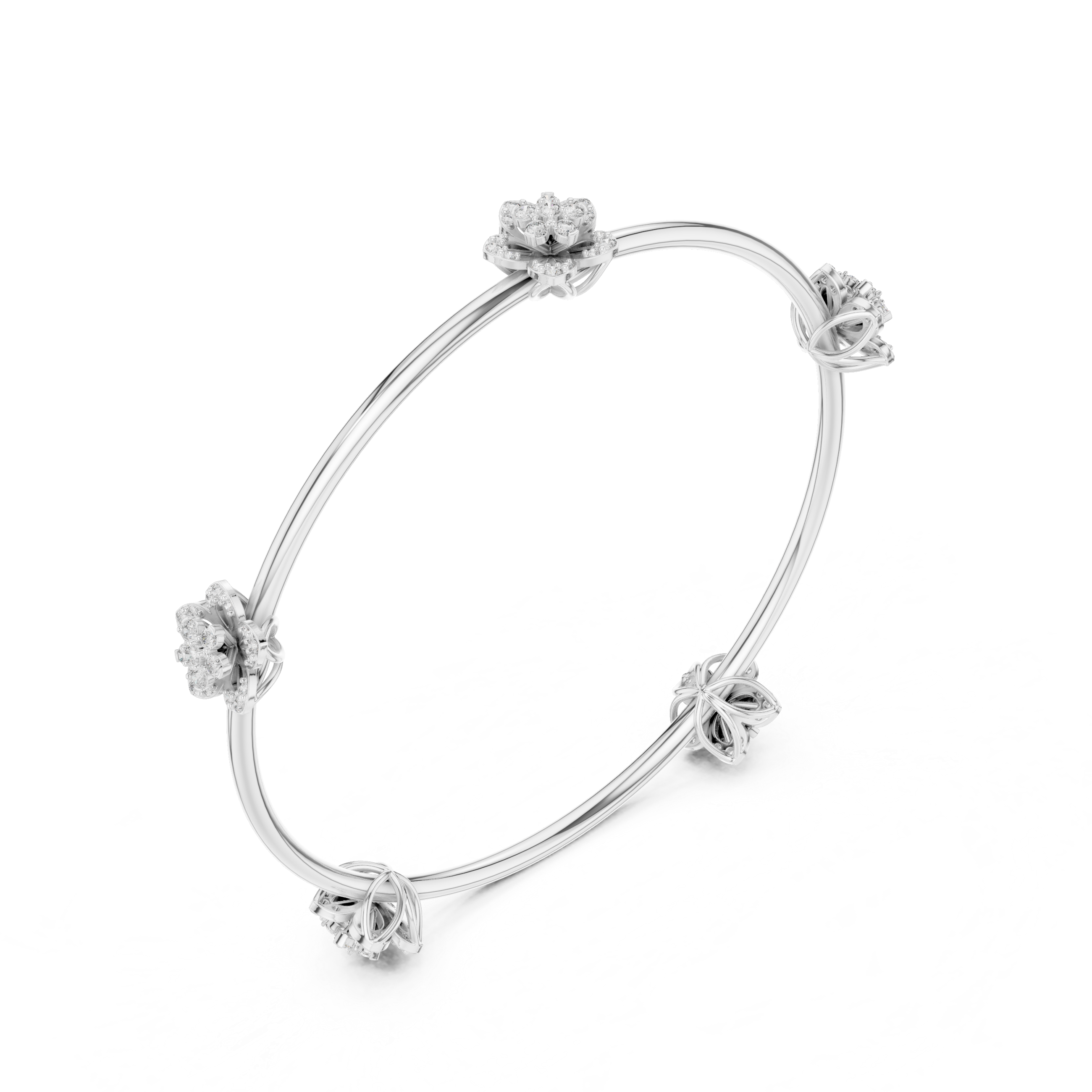 Floral Leaf Station Bangle in White Gold - VYKA Diamonds