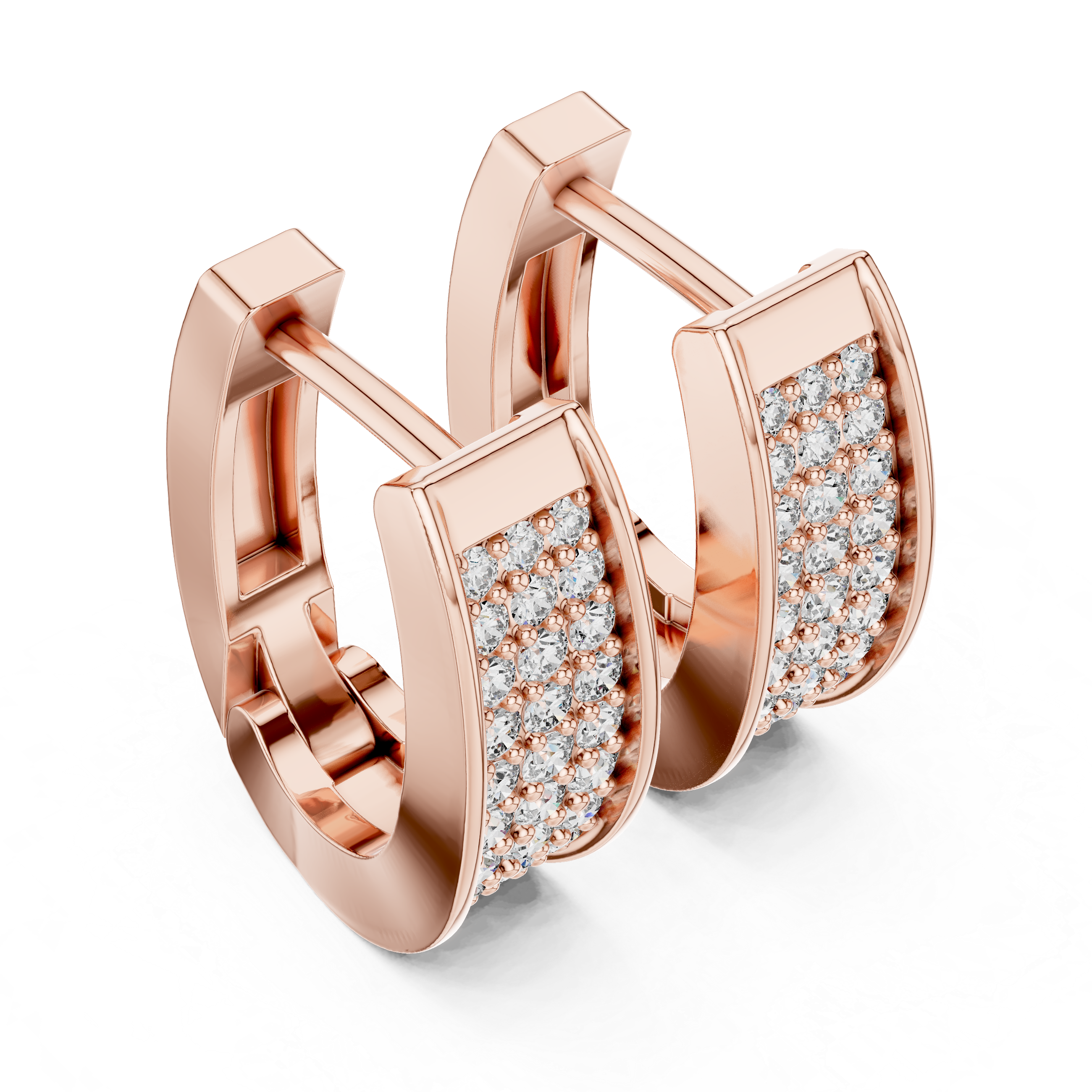 Three Row Pave Diamond Huggie Earrings in Rose Gold - VYKA Diamonds