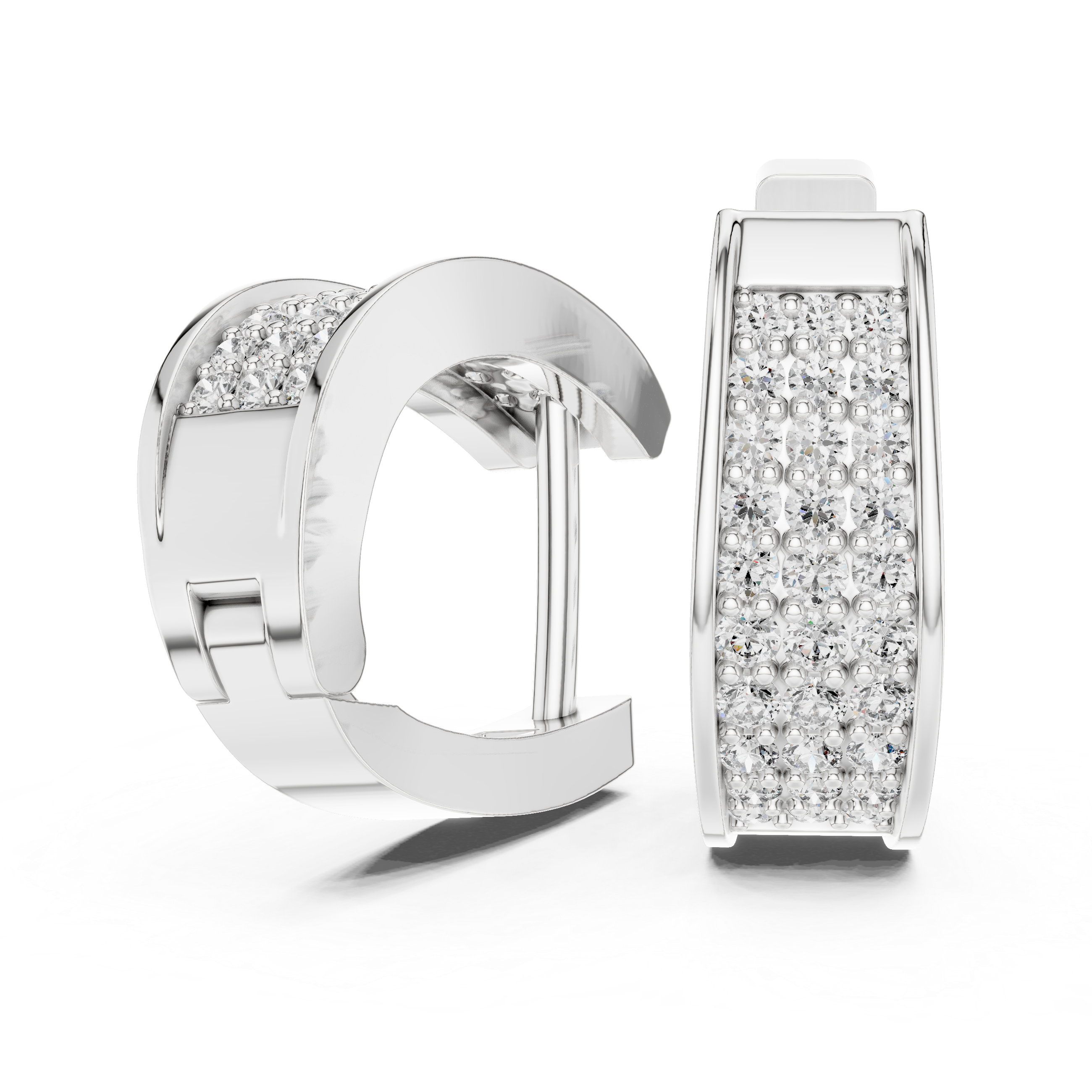 Three Row Pave Diamond Huggie Earrings in White Gold - VYKA Diamonds