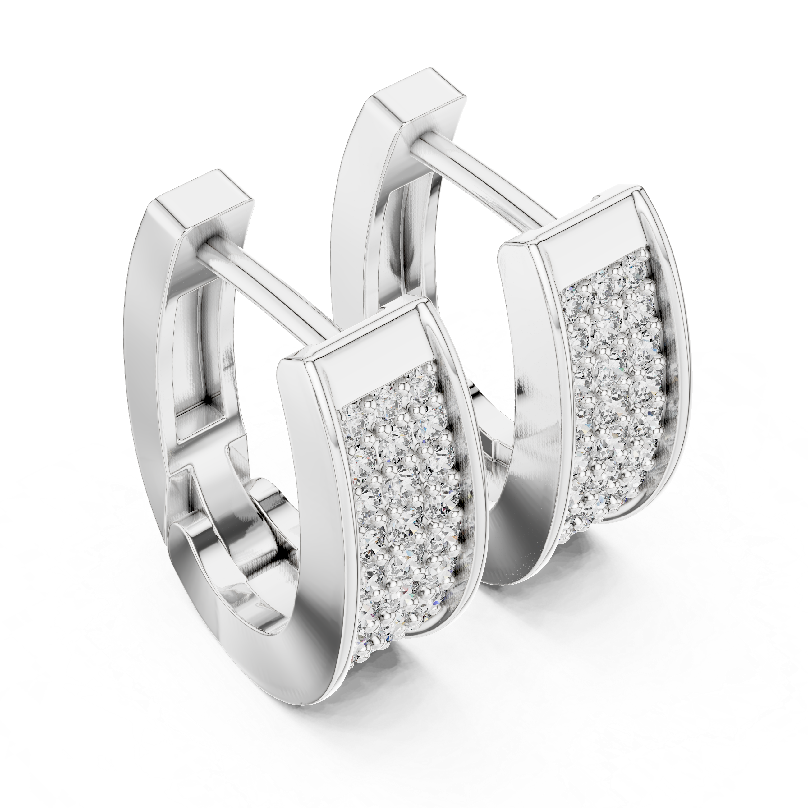 Three Row Pave Diamond Huggie Earrings in White Gold - VYKA Diamonds