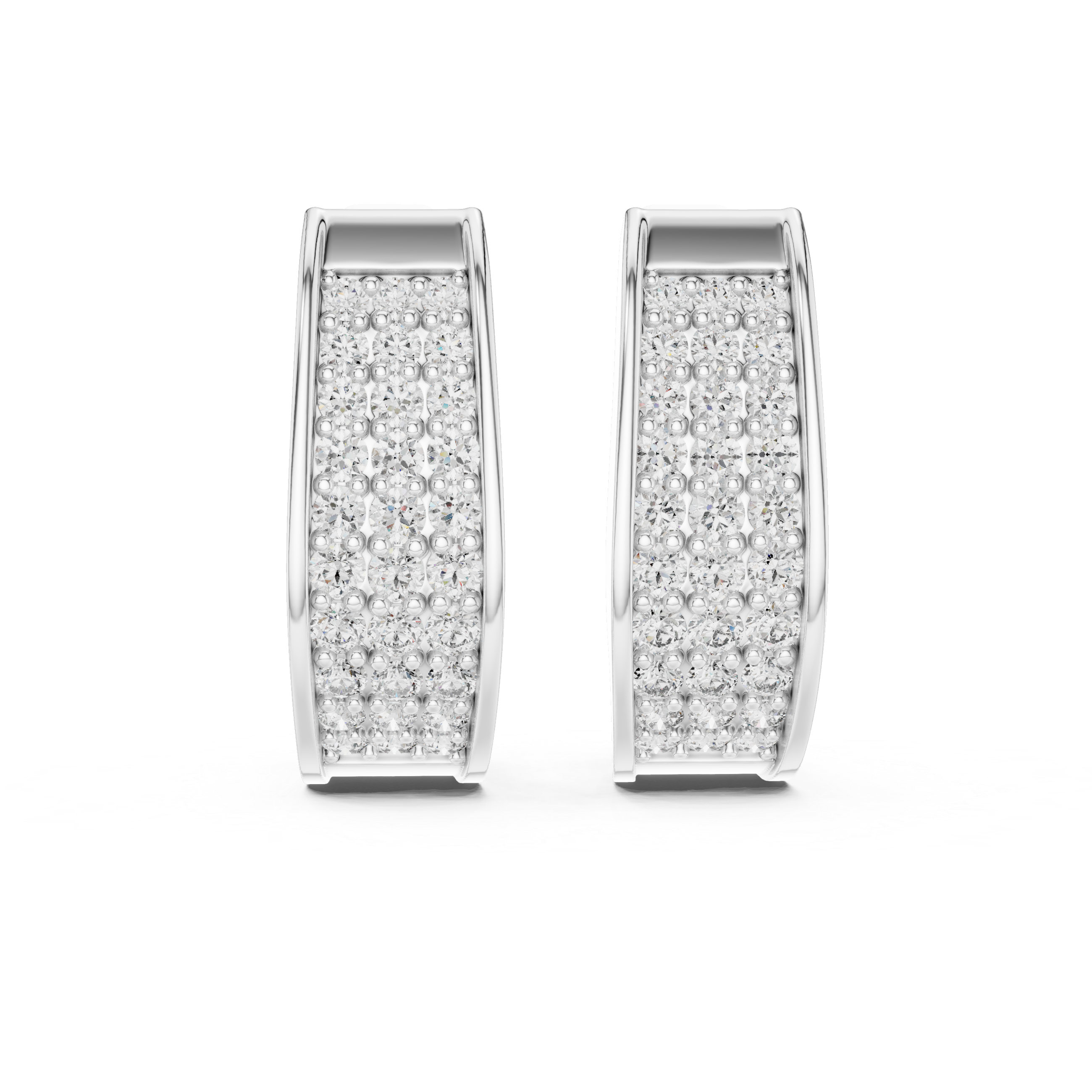 Three Row Pave Diamond Huggie Earrings in White Gold - VYKA Diamonds