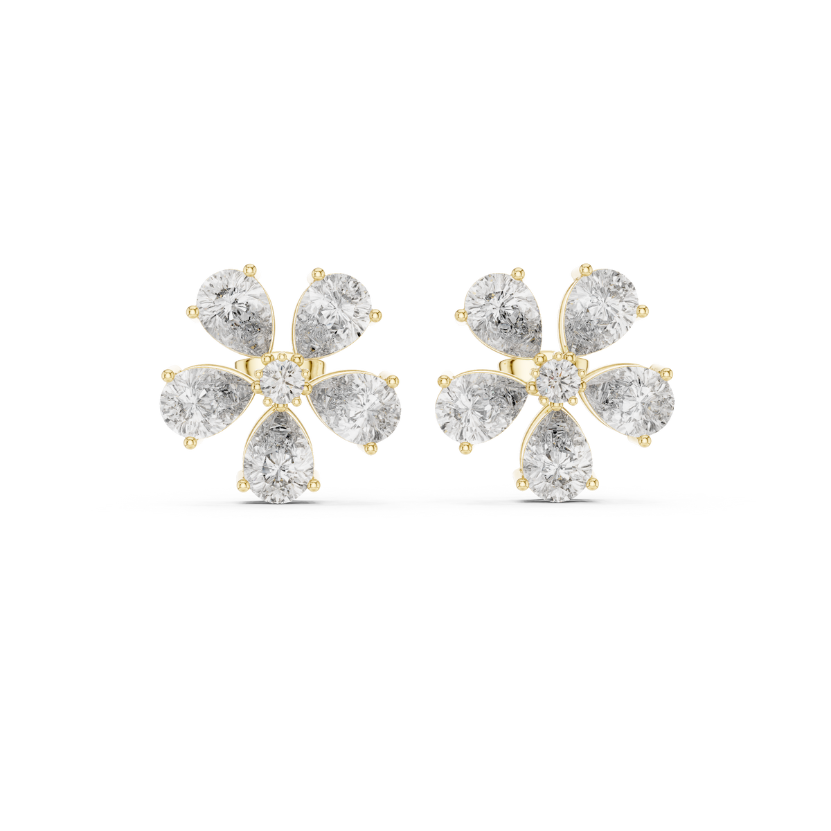 Five Pear Flower Diamond Stud Earrings in Yellow Gold - VYKA Diamonds