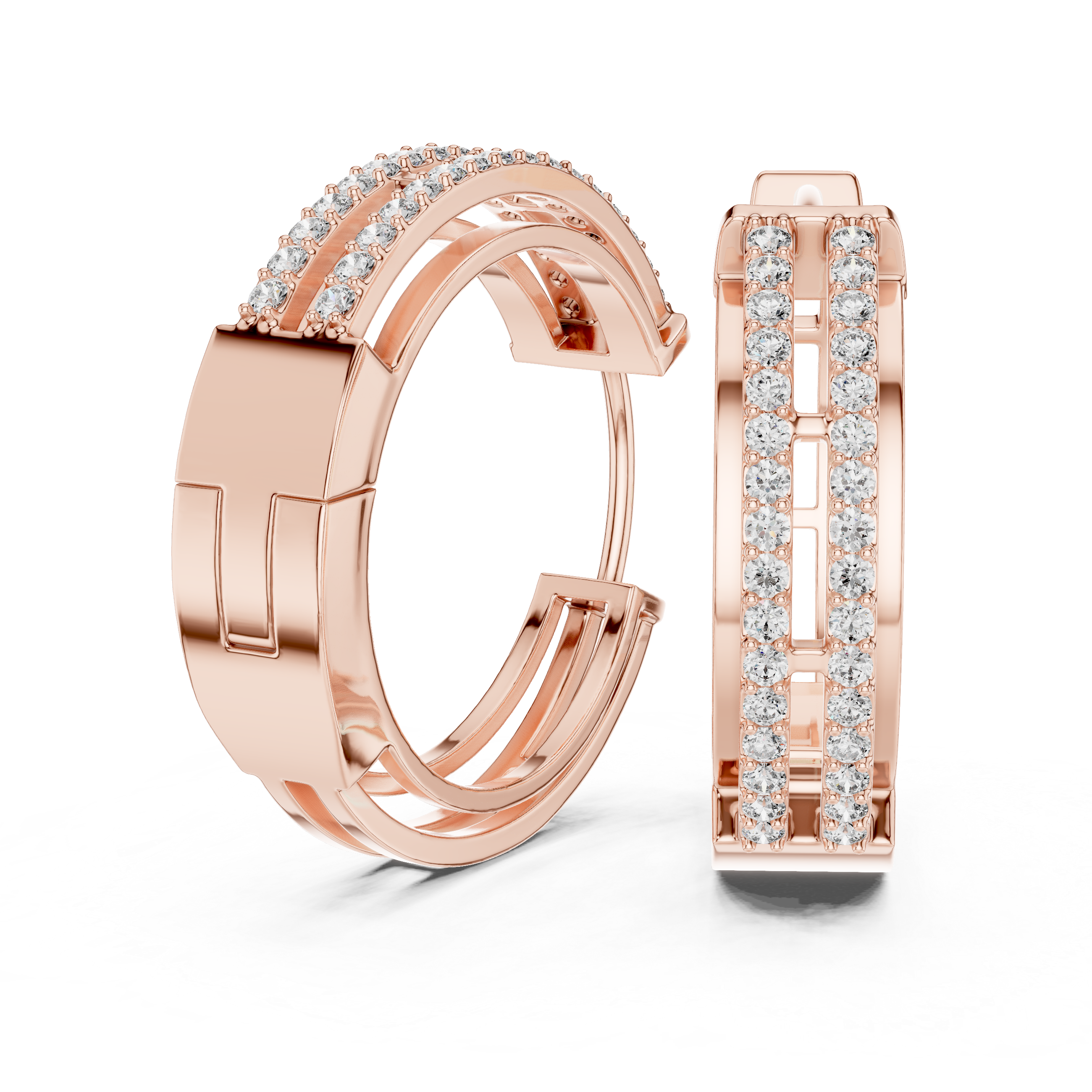 Double Rail Pave Diamond Huggie Earrings in Rose Gold - VYKA Diamonds