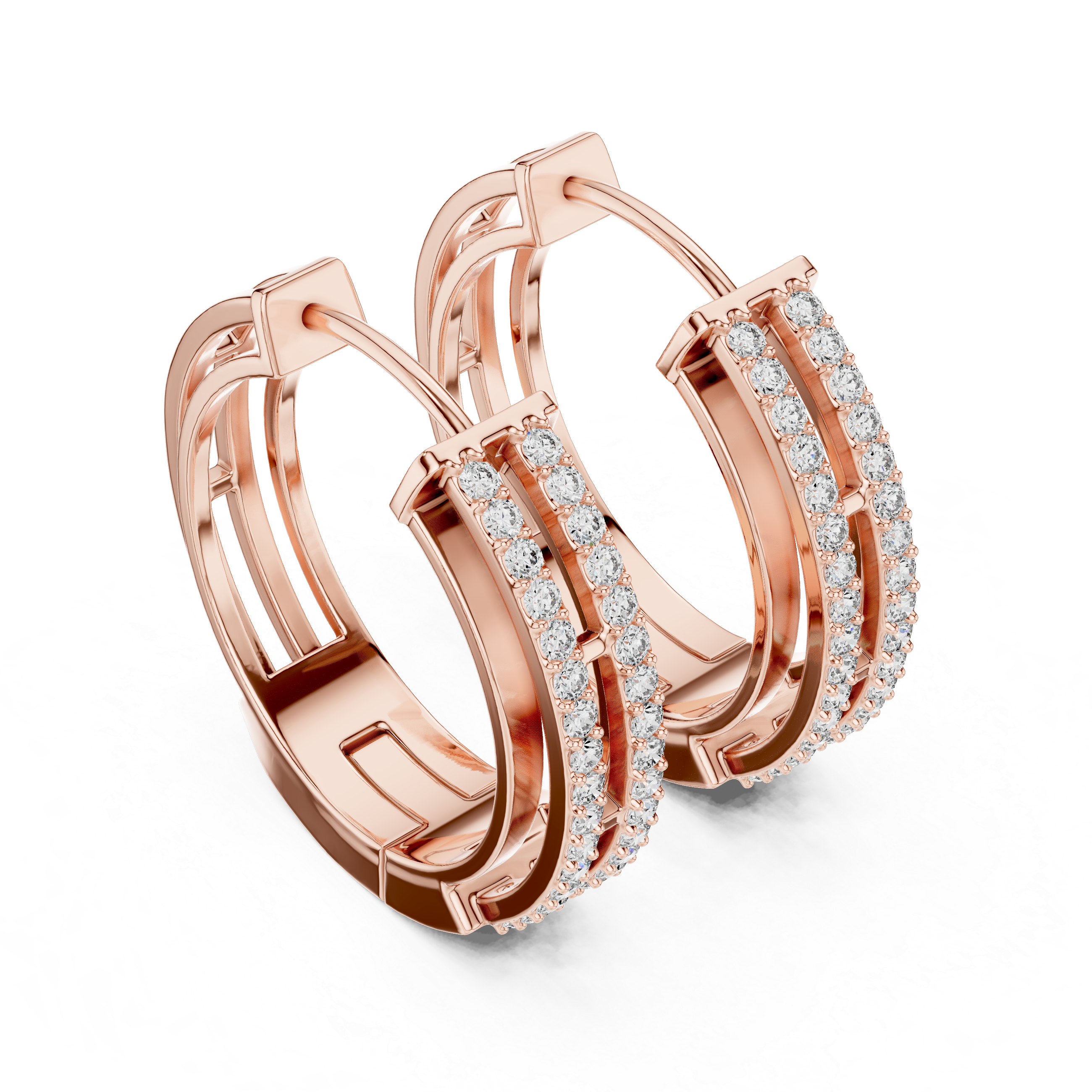 Double Rail Pave Diamond Huggie Earrings in Rose Gold - VYKA Diamonds