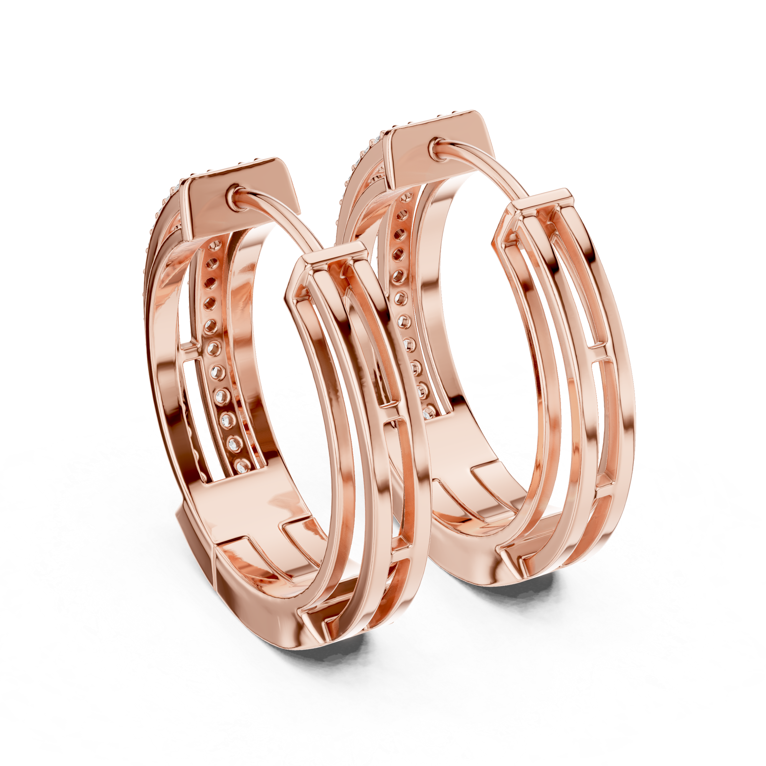 Double Rail Pave Diamond Huggie Earrings in Rose Gold - VYKA Diamonds