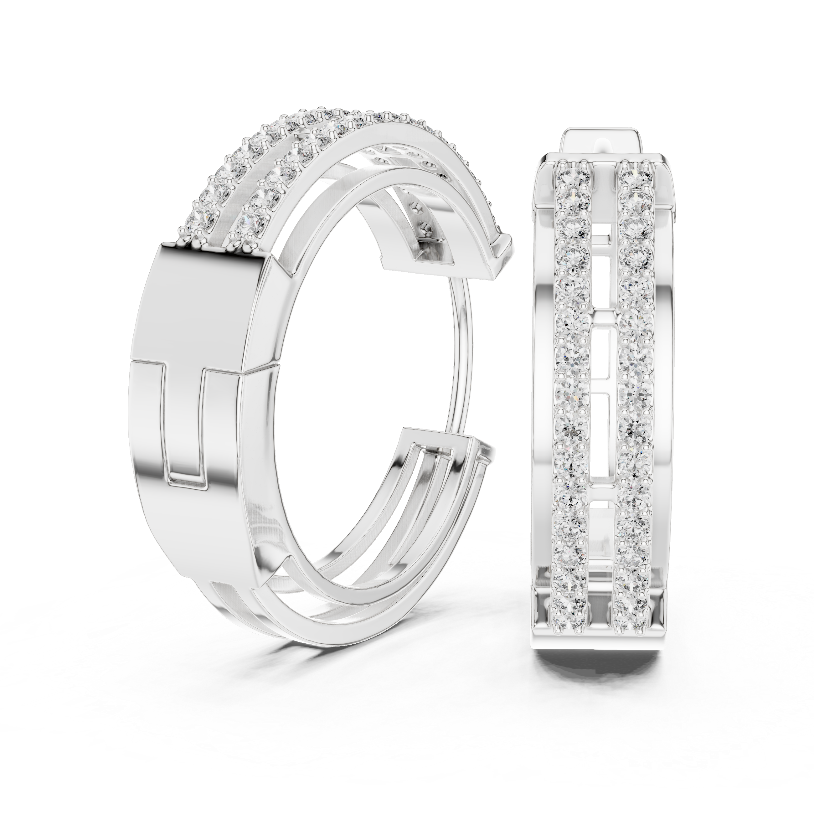 Double Rail Pave Diamond Huggie Earrings in White Gold - VYKA Diamonds