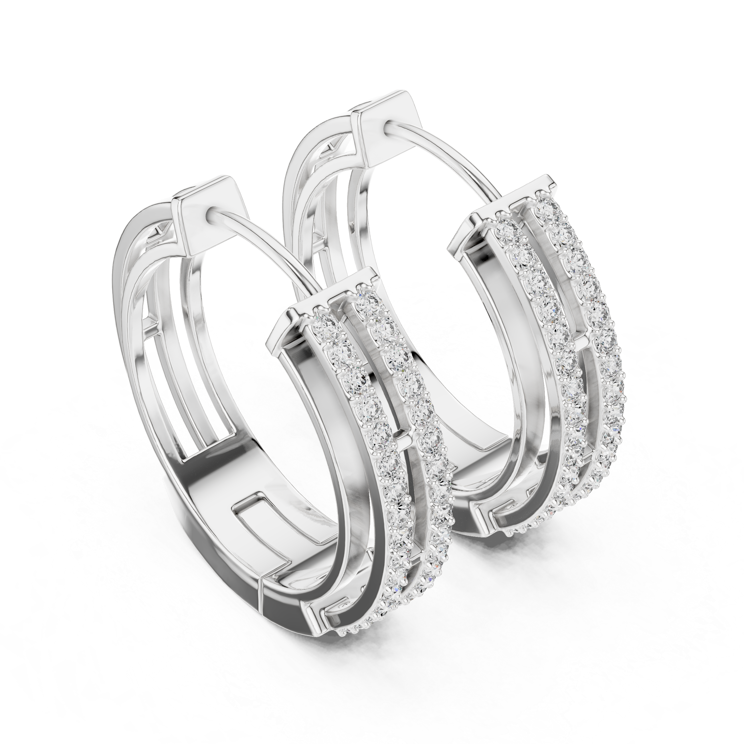 Double Rail Pave Diamond Huggie Earrings in White Gold - VYKA Diamonds
