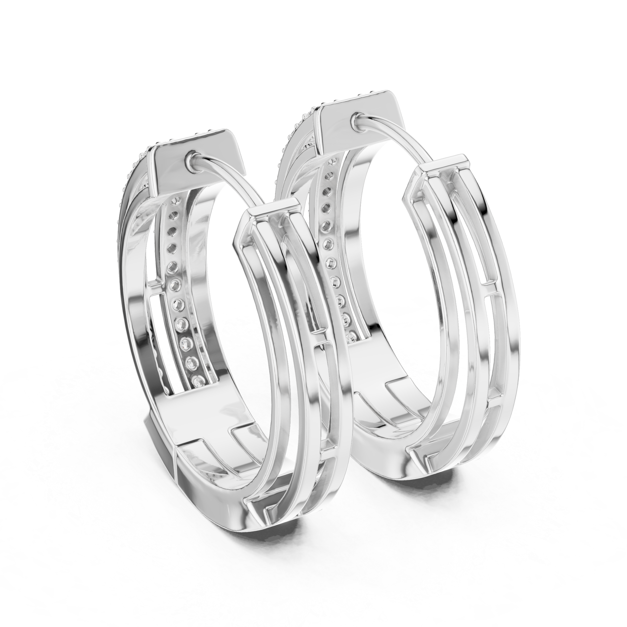 Double Rail Pave Diamond Huggie Earrings in White Gold - VYKA Diamonds