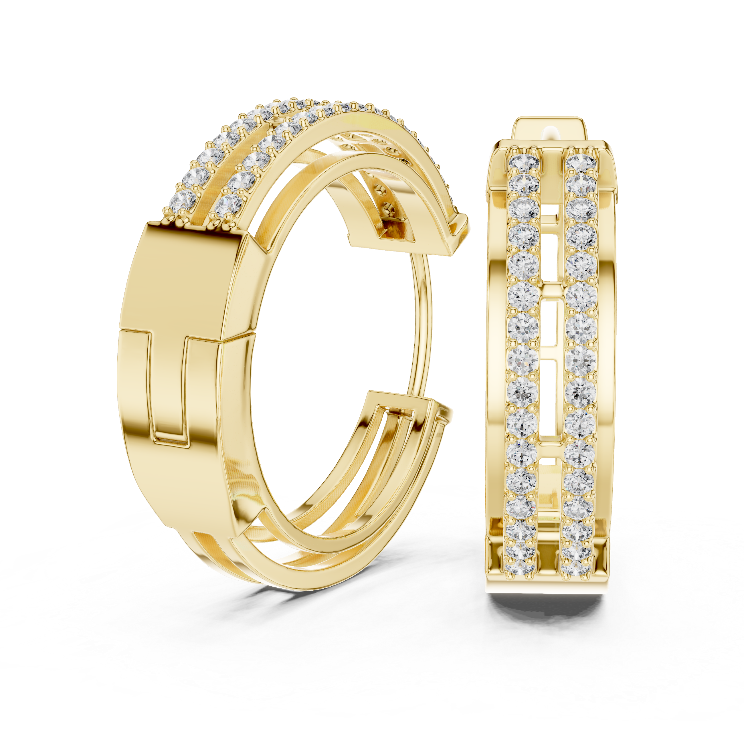 Double Rail Pave Diamond Huggie Earrings in Yellow Gold - VYKA Diamonds