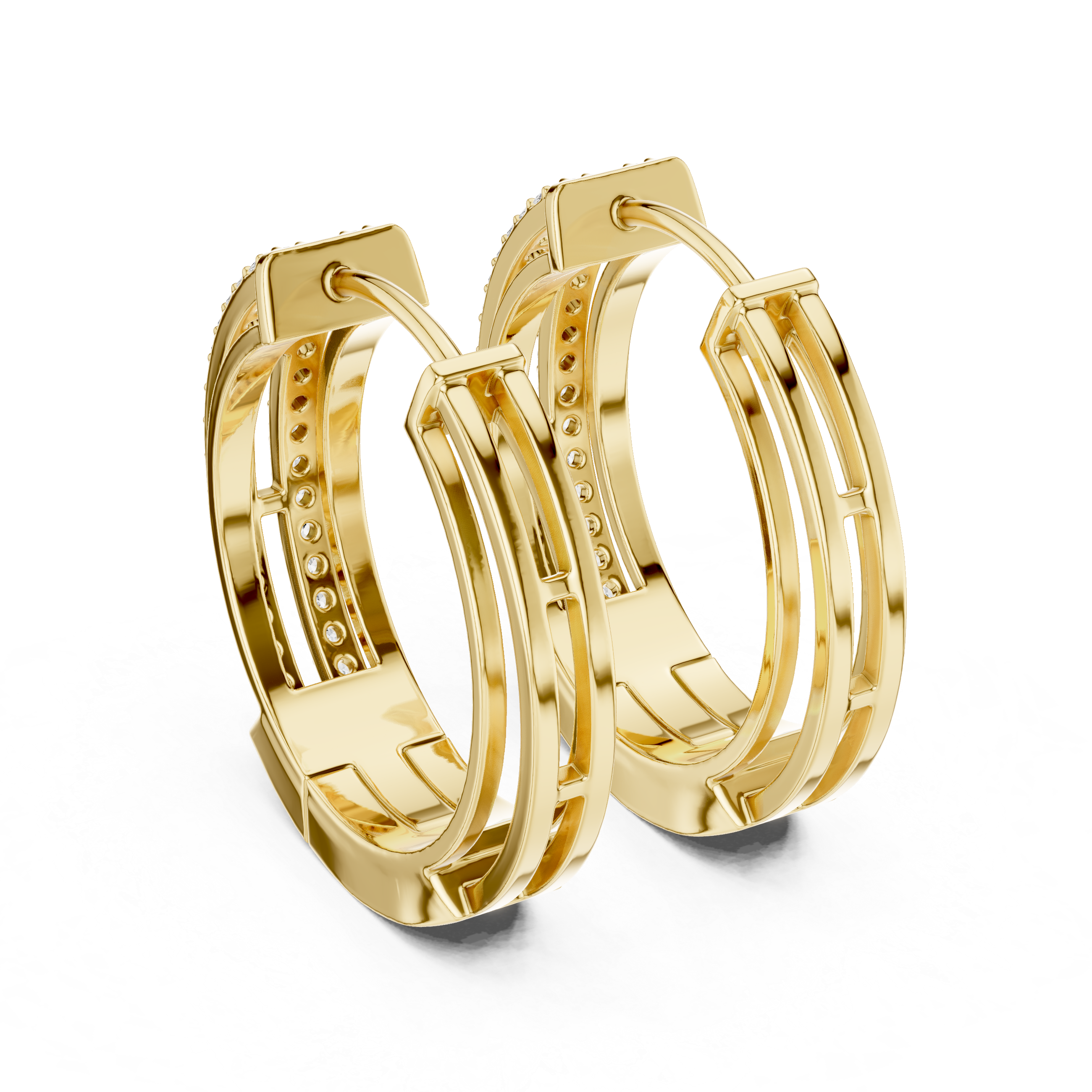 Double Rail Pave Diamond Huggie Earrings in Yellow Gold - VYKA Diamonds