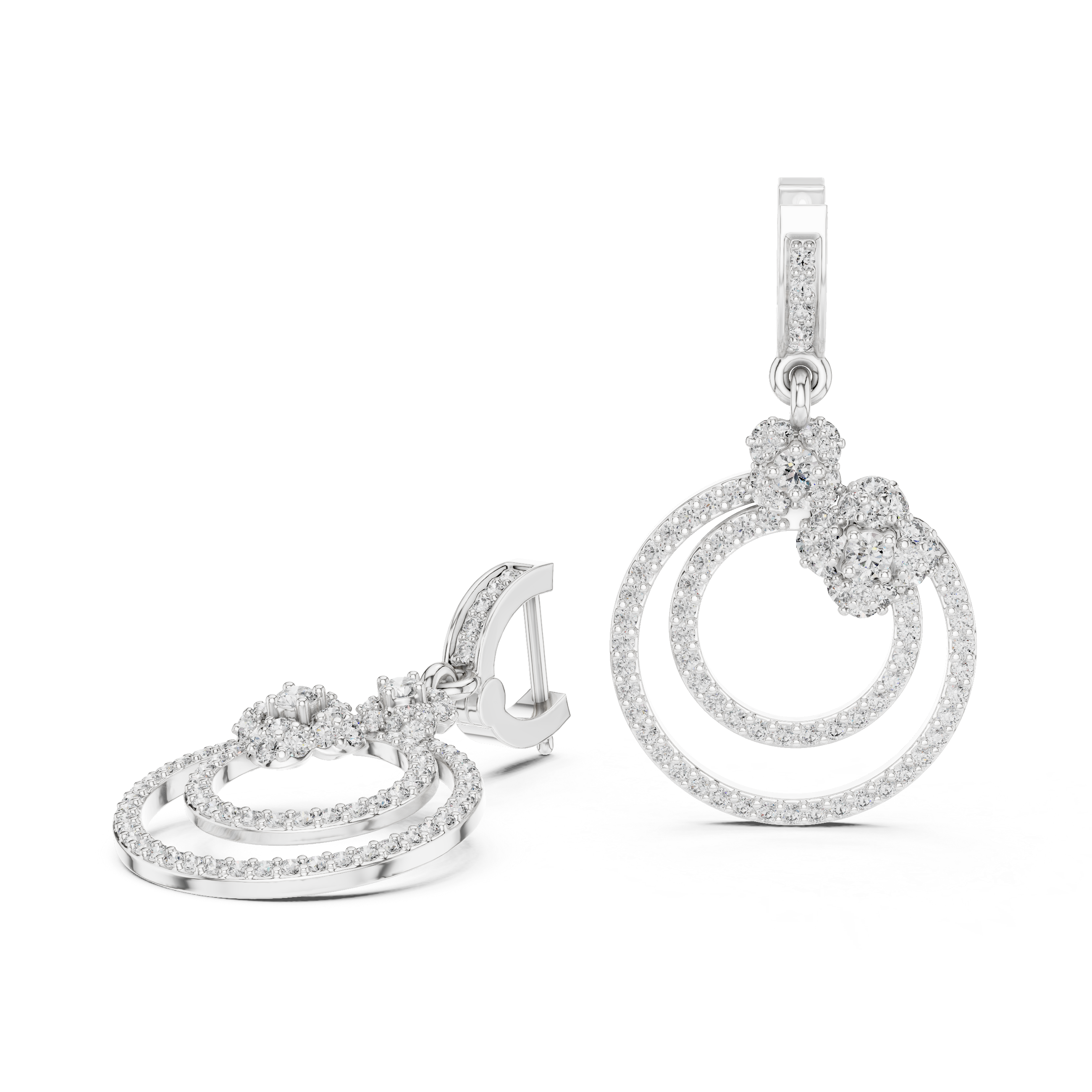 Concentric Circle Diamond Drop Earrings in White Gold - VYKA Diamonds