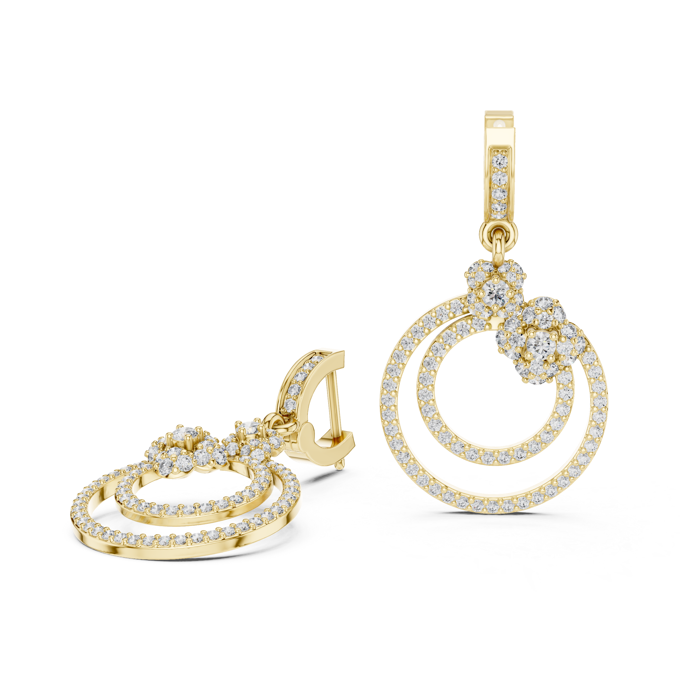 Concentric Circle Diamond Drop Earrings in Yellow Gold - VYKA Diamonds