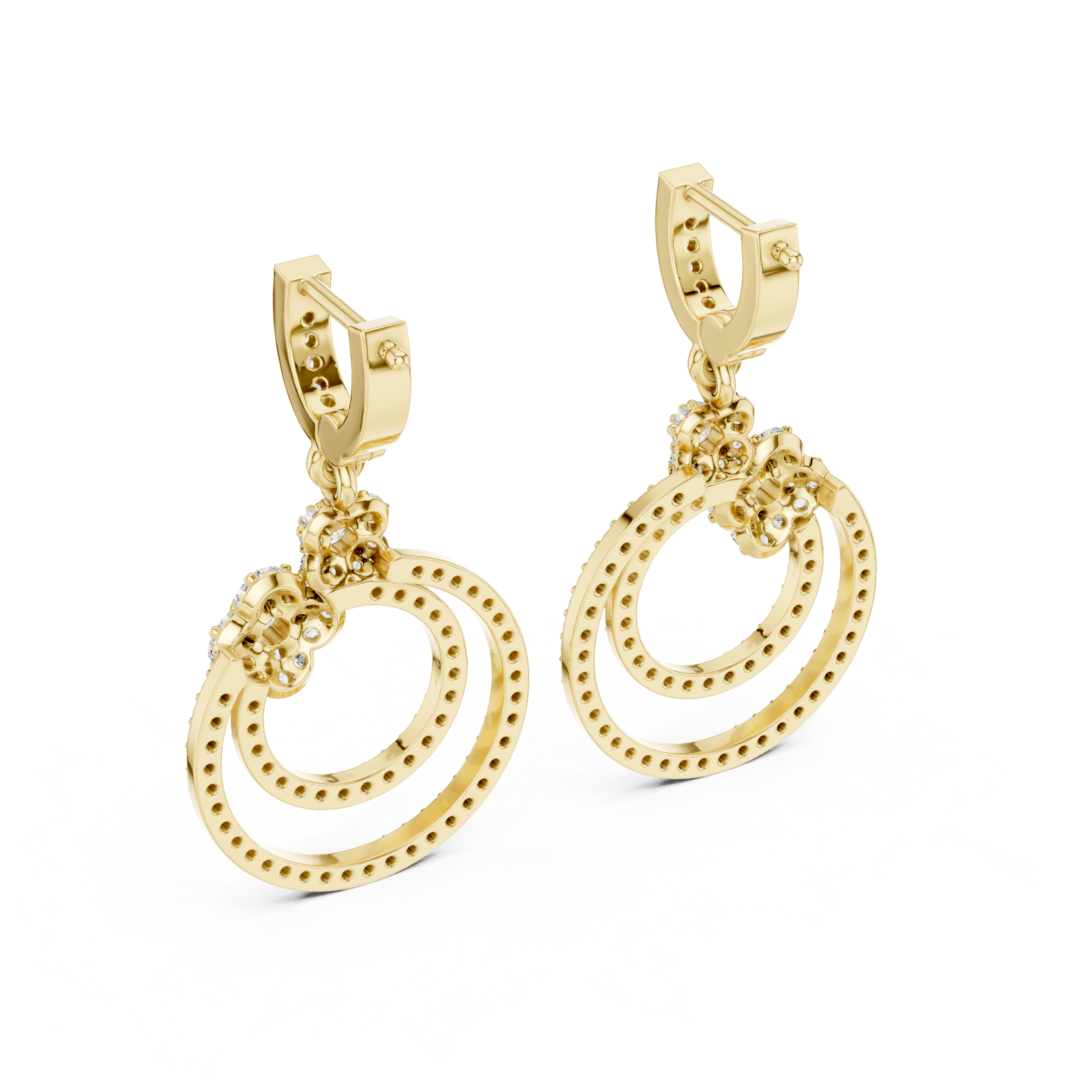 Concentric Circle Diamond Drop Earrings in Yellow Gold - VYKA Diamonds