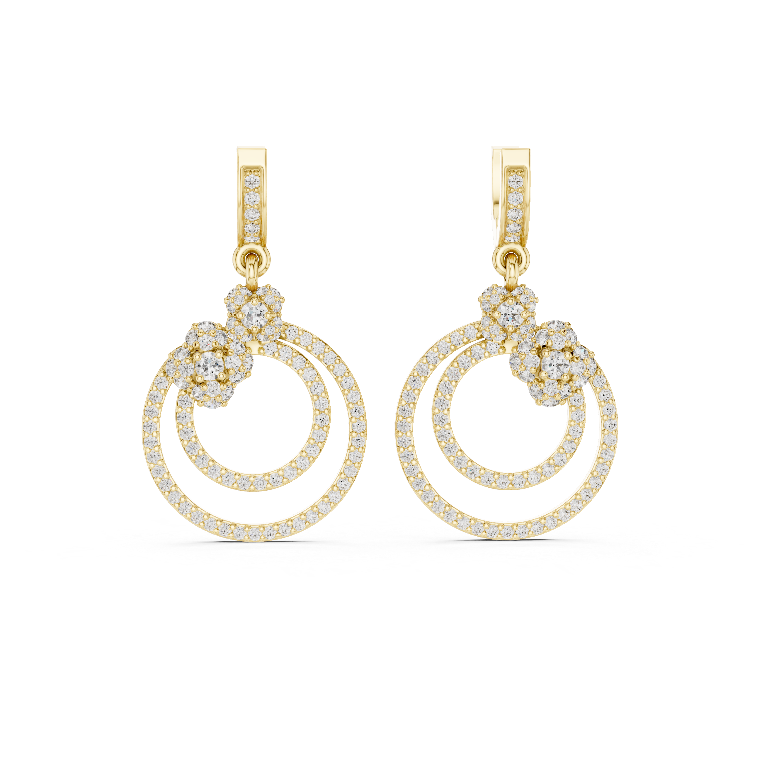 Concentric Circle Diamond Drop Earrings in Yellow Gold - VYKA Diamonds