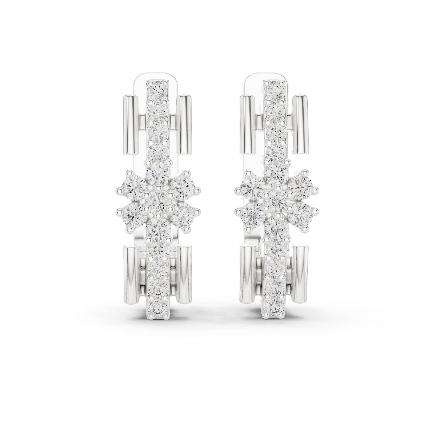 Stacked Floral Diamond Huggie Earrings in White Gold - VYKA Diamonds