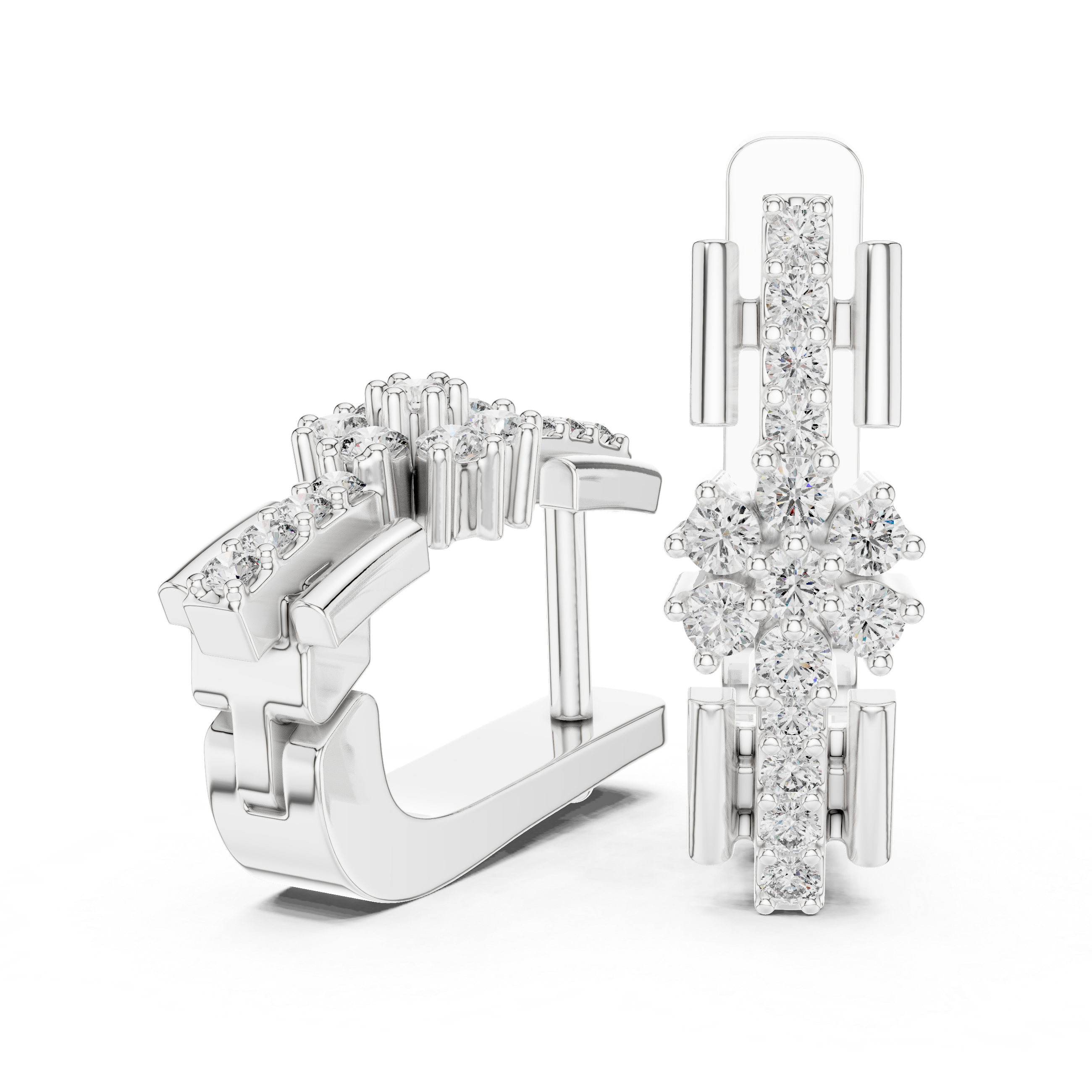 Stacked Floral Diamond Huggie Earrings in White Gold - VYKA Diamonds